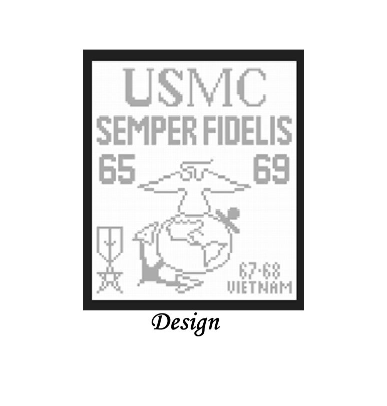 A grayscale embroidery patch featuring USMC Semper Fidelis text, the numbers 65 and 69, a globe with an eagle emblem, a sword shield, and Vietnam war dates 67-68.