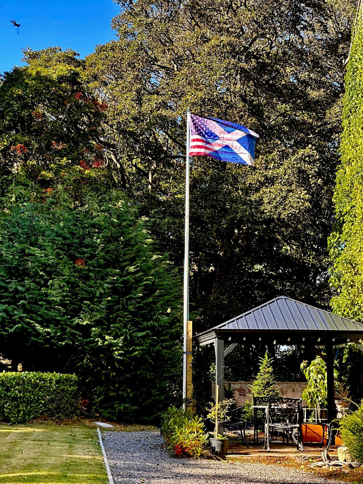 A flagpole with a Texas and American flag flying in a garden with trees, shrubs, and a gazebo with outdoor furniture.