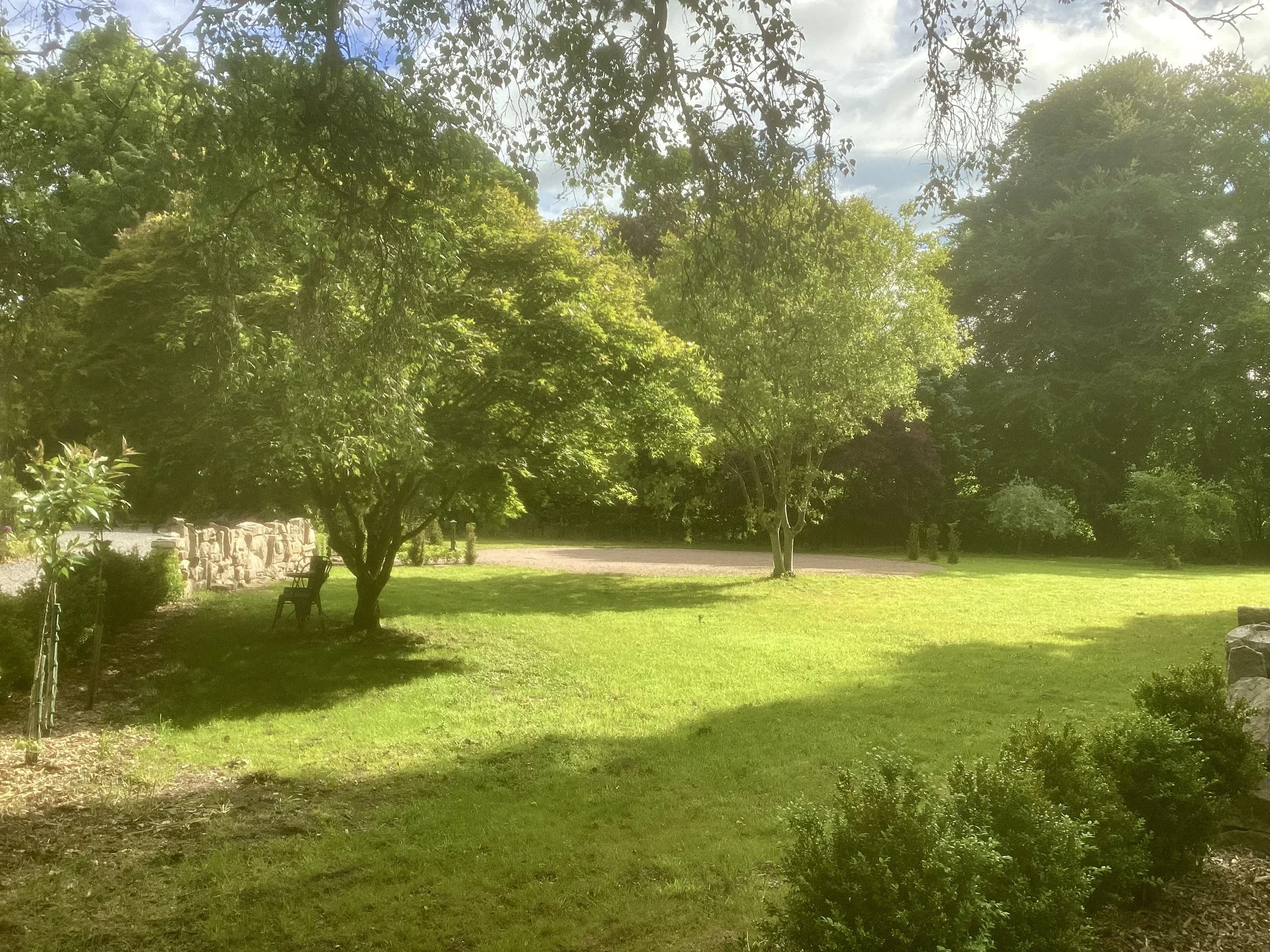A garden with lush green grass, trees, and bushes. There's a stone wall on the left and a bench under a tree. The sky is partly cloudy.