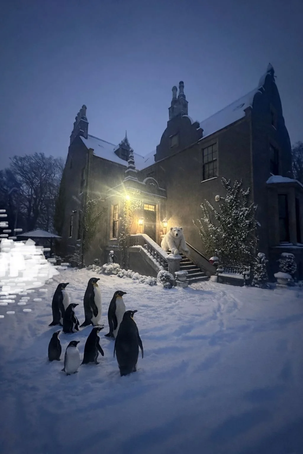A snowy house with a polar bear statue on the stairs, penguins standing on snow in front, and illuminated windows and lights, during twilight or evening.