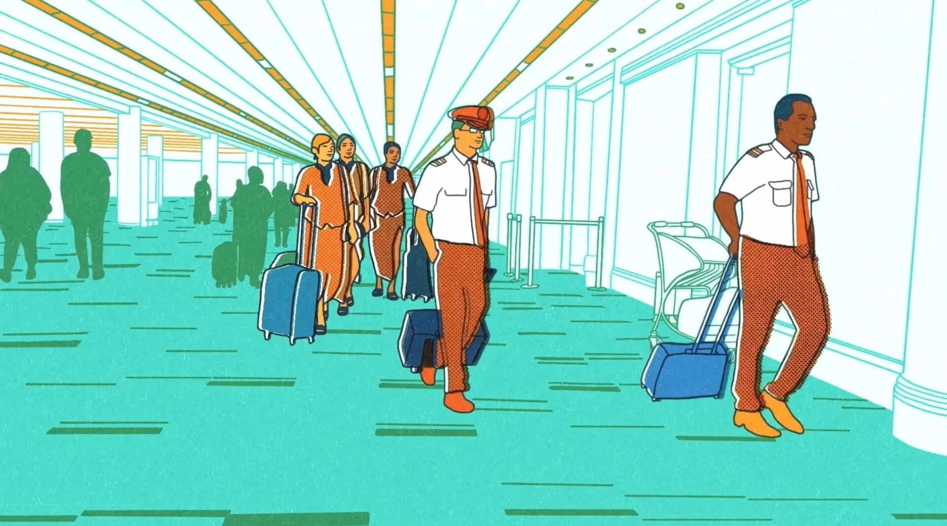 Stills from JET LAG by Kacey Morrow &amp; Justin Morrow

Using rotoscope animation and the stylized aesthetic of classical airline safety brochures, the short film &ldquo;Jet Lag&rdquo; adapts Christopher Schaberg&rsquo;s acclaimed nonfiction book &q
