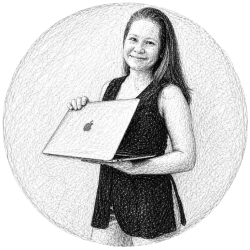 Drawing-style image of a women holding a laptop