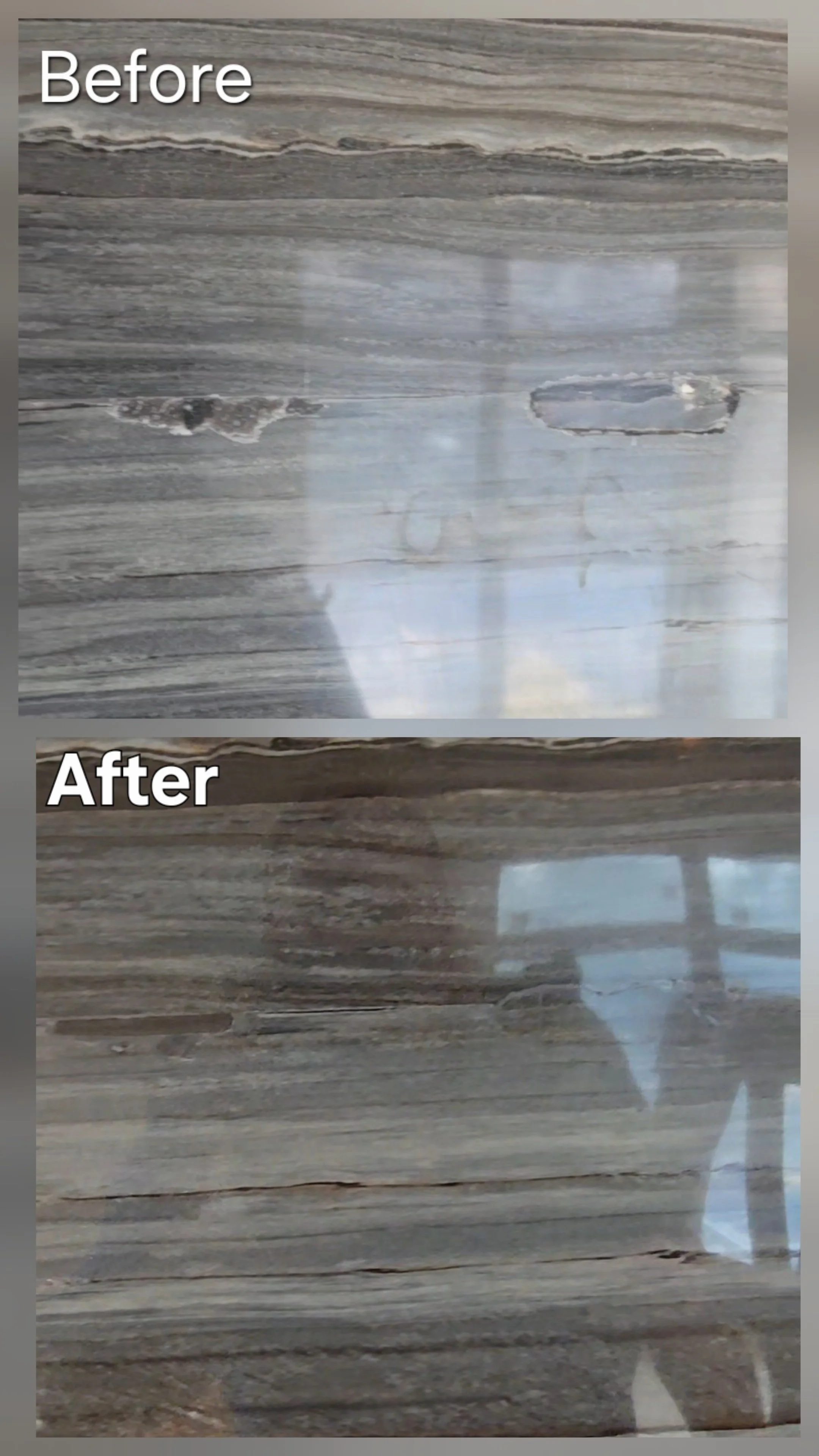 Before and after images of a wooden surface, showing a cleaning or polishing process. The 'before' side appears cloudy and dirty, while the 'after' side looks cleaner and shinier.
