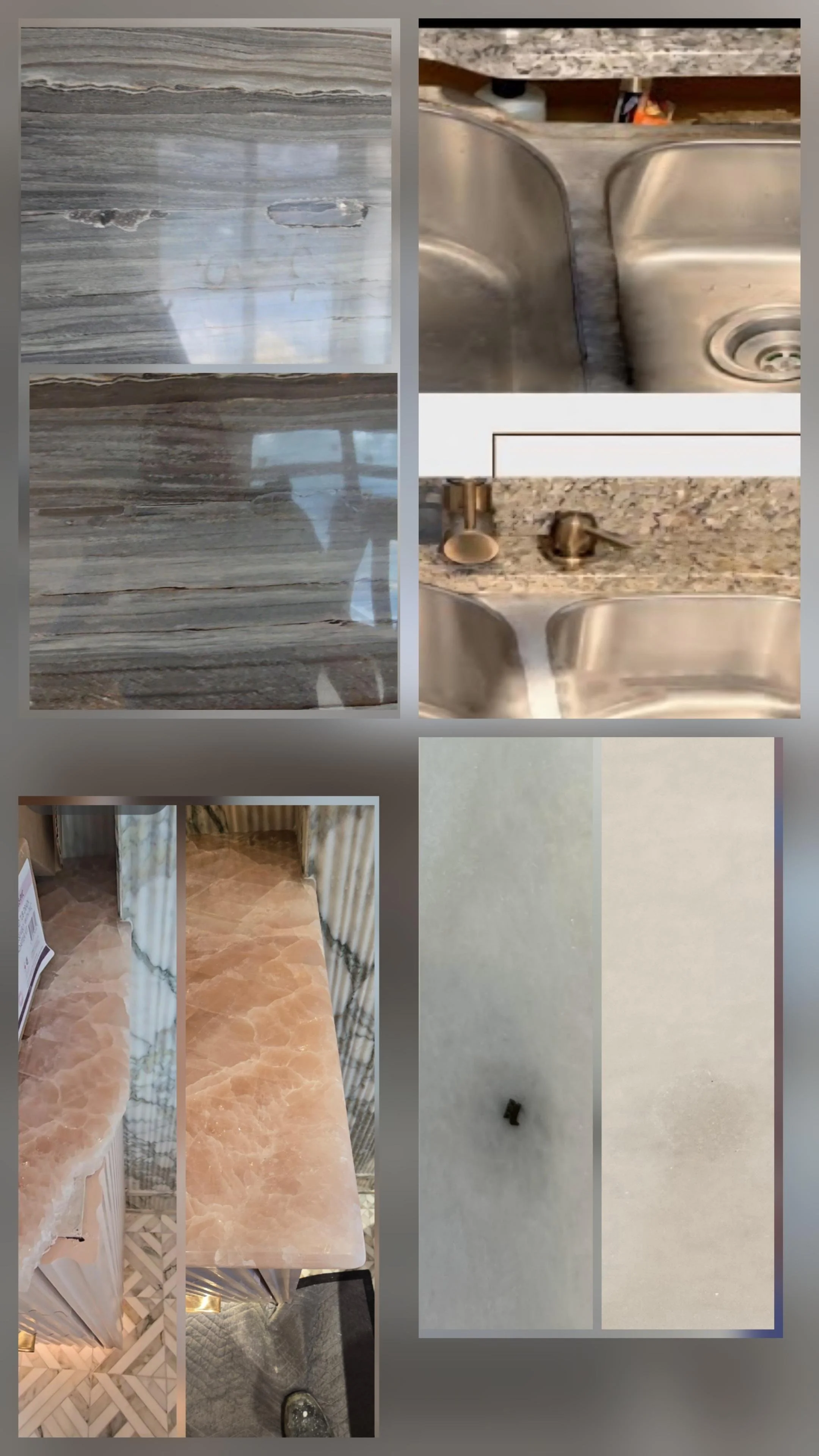 Compilation of four images showing different interior surfaces: a wood or laminate floor, a stainless steel kitchen sink, a marble or onyx countertop, and a plain white wall with a small black key