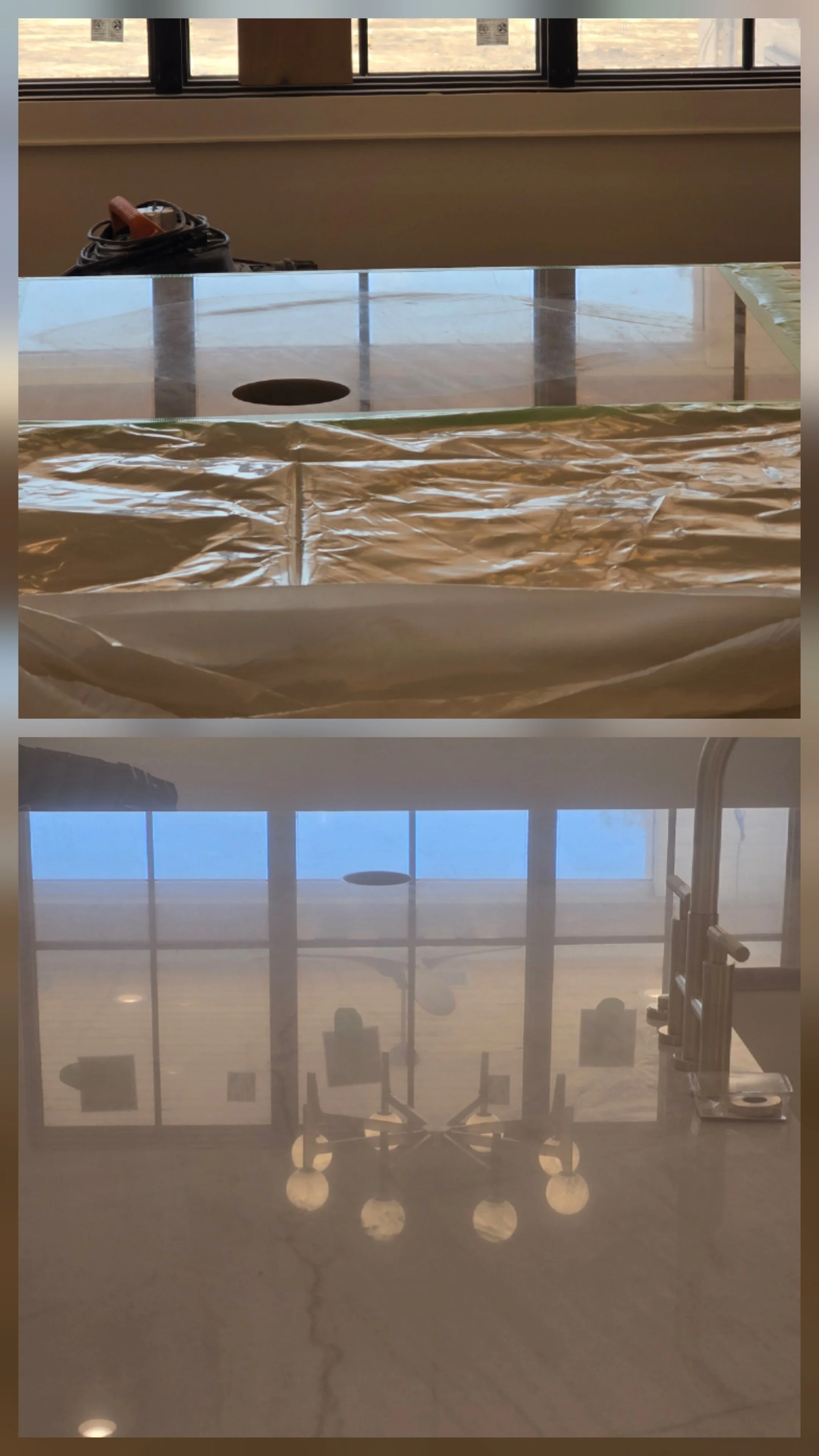 The image shows an indoor scene with large windows in the background, a table covered with some foil or plastic sheet, equipment and cables on top, and reflection of a chandelier on a shiny floor.