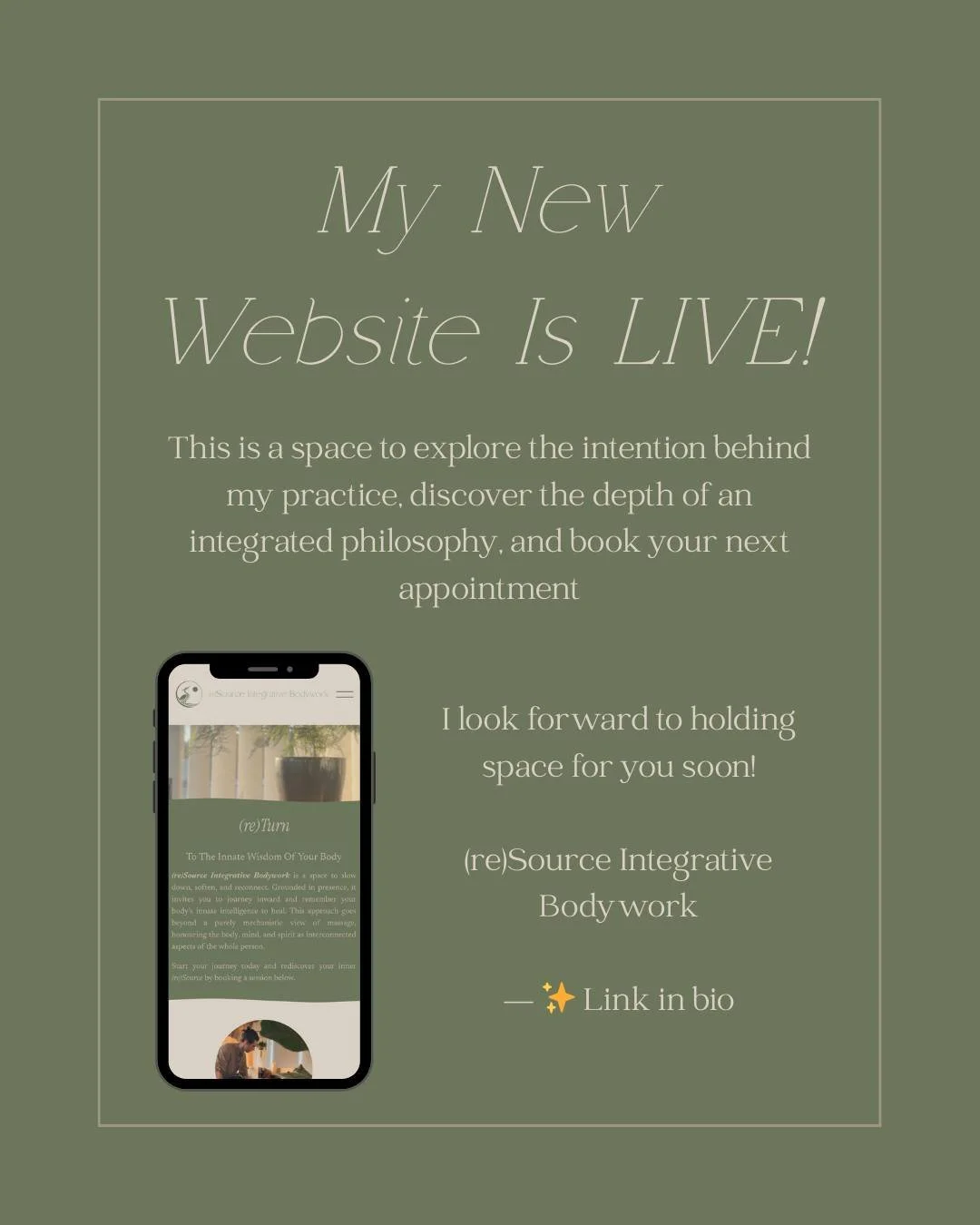 My New Website Is Live!
🌿 Link In Bio

This is a space to explore the intention behind my practice, discover the depth of an integrated philosophy, and book your next appointment.

I look forward to holding space for you soon!

🌿 www.resourcebodywo