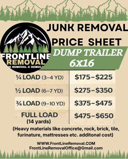 Junk removal price sheet from FrontLine Removal for dump trailer rentals, showing prices for various load sizes, from quarter load to full load, with additional info about heavy materials and contact details.