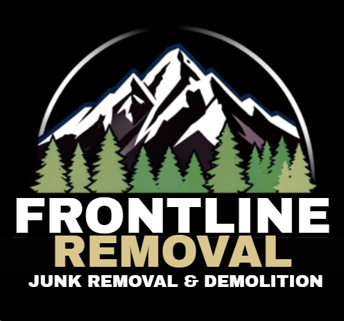 Mountain landscape with trees and a logo for Frontline Removal, a junk removal and demolition company.