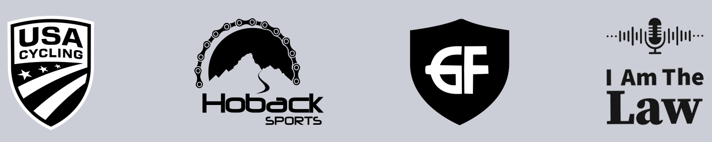 Yuliya Flynn media feature logos with USA Cycling, Hoback Sports, GFNY, and "I Am The Law" Podcast.