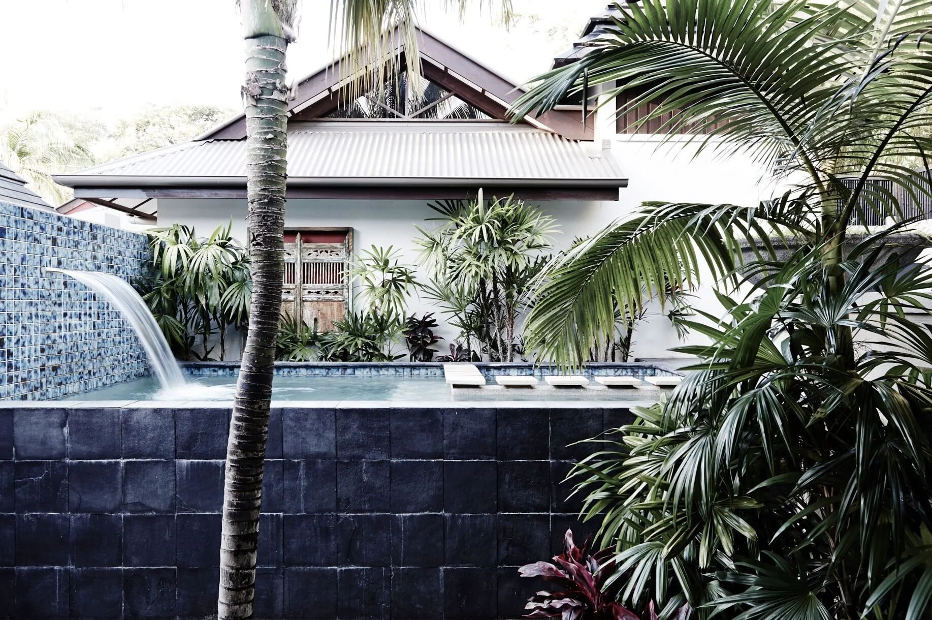 A tropical backyard with a pool, waterfall feature, lush green plants, and a house with a gabled roof in the background.