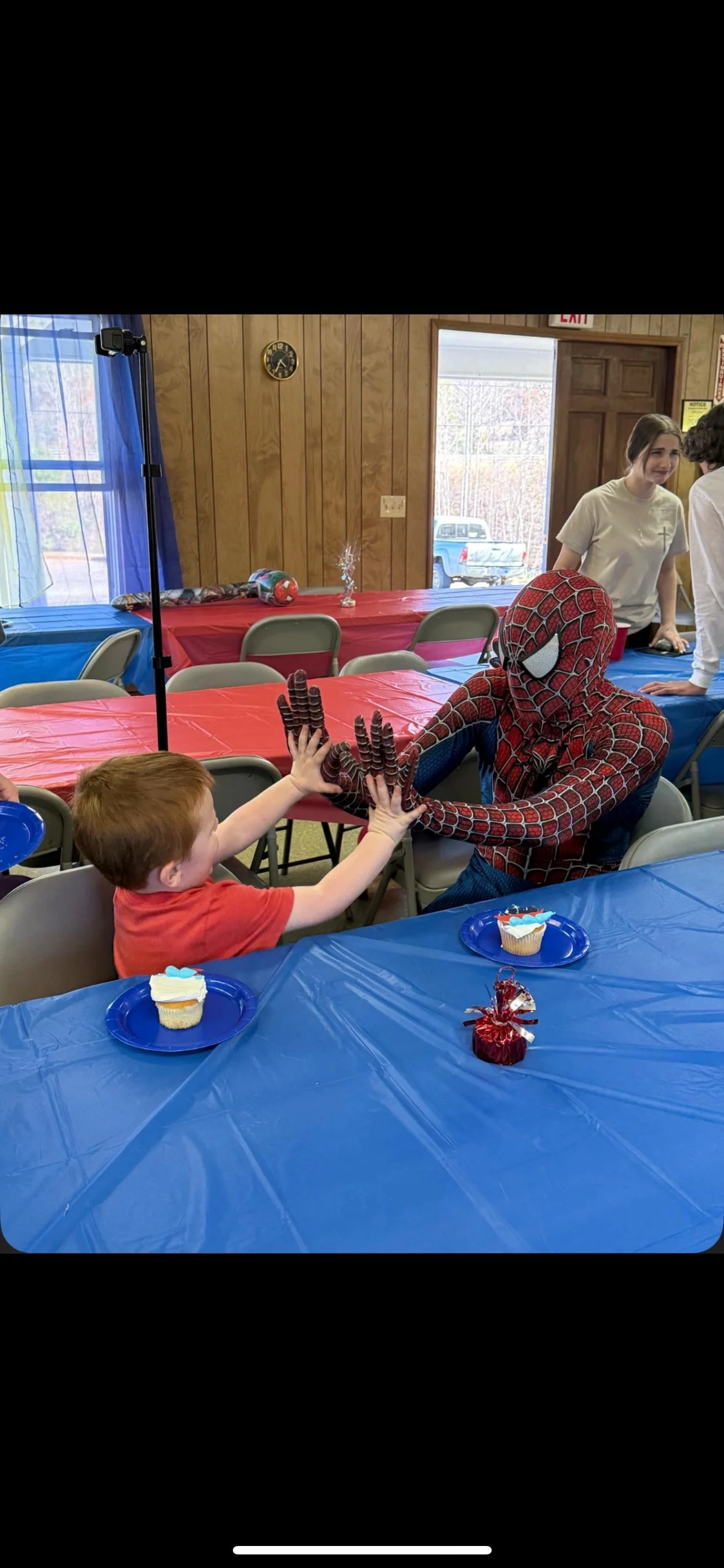 A person dressed as Spider-Man and a young boy are at a party, high-fiving each other across a table. The table is covered with a blue tablecloth, and there are cupcakes and party decorations on it. The background shows wooden walls, windows with curtains, and a few people chatting.