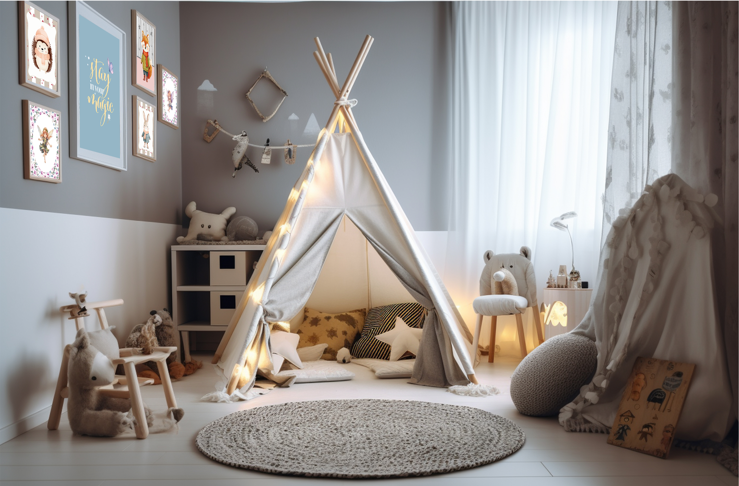 Children's bedroom wall art print set featuring a fairy and woodland scene, Billie Blake Prints