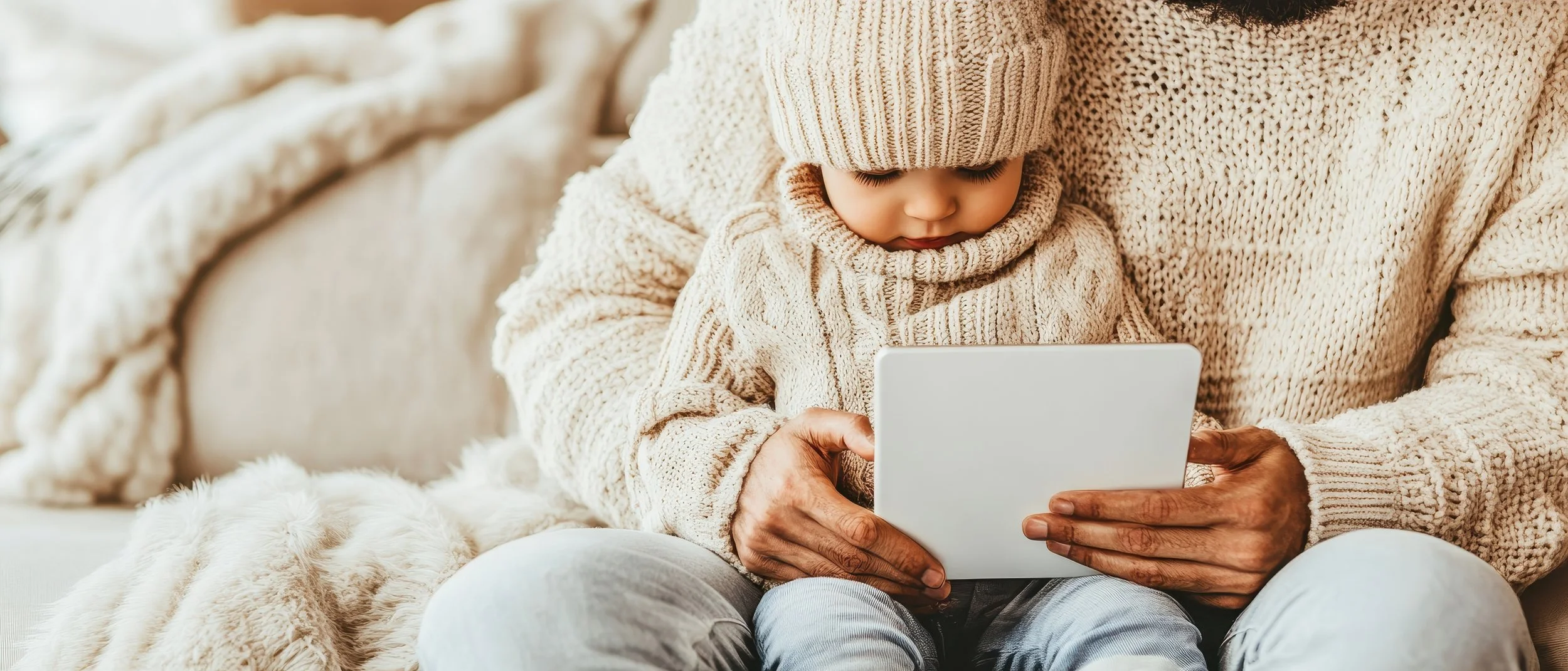 Father and toddler in matching cream sweaters looking at a tablet together, illustrating a Father's Day gift ideas blog post
