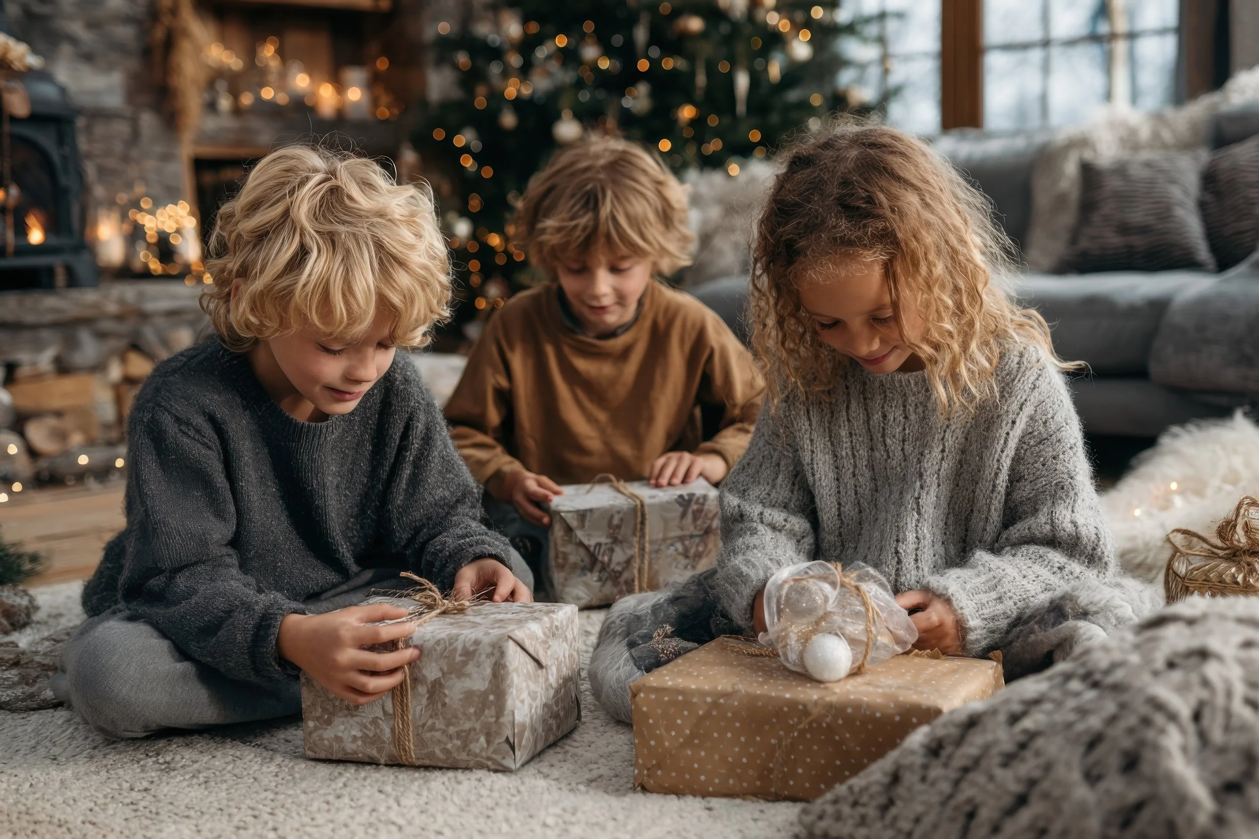 Three children opening Christmas presents together