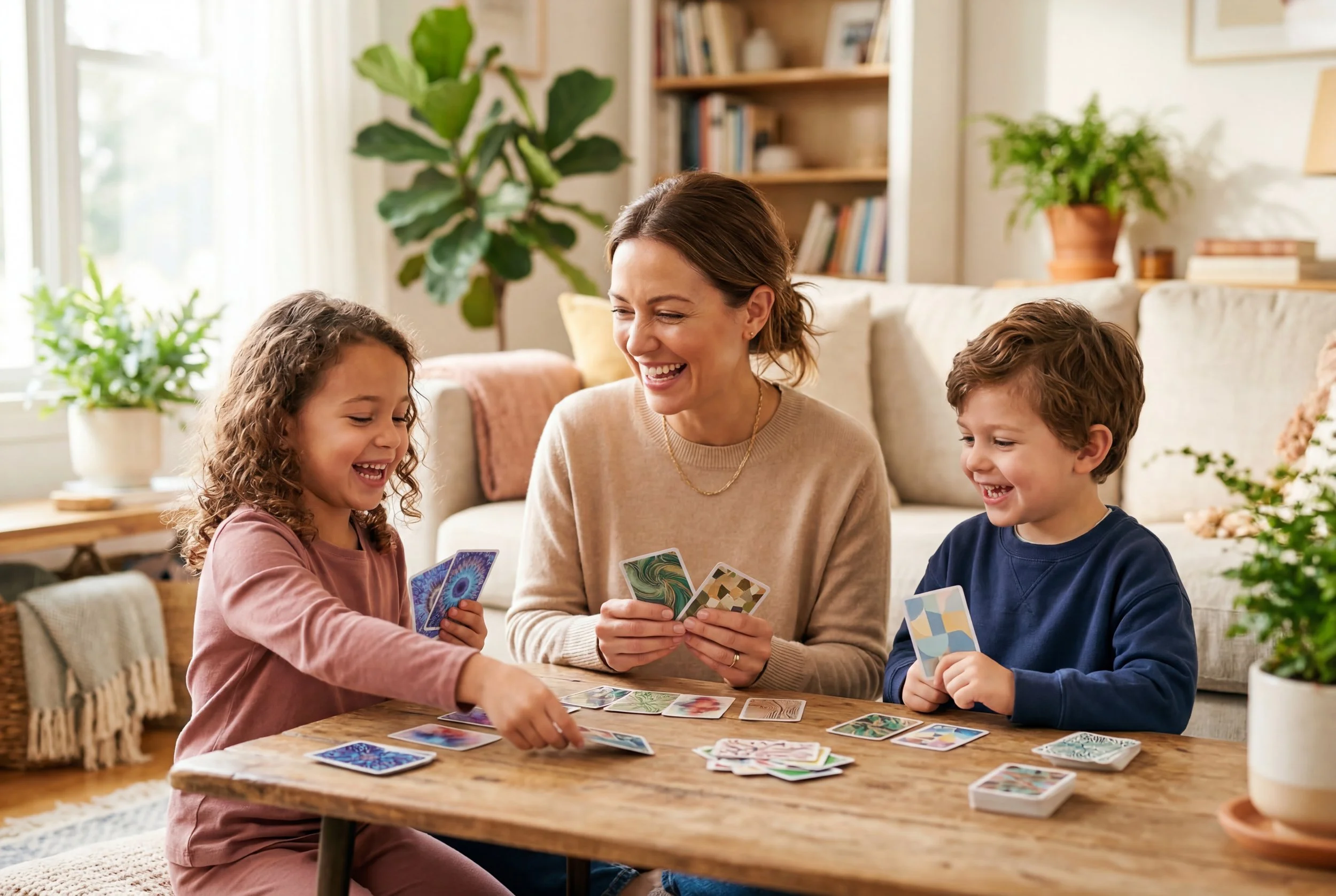 Mother and children playing a card game together and developing social and emotional skills