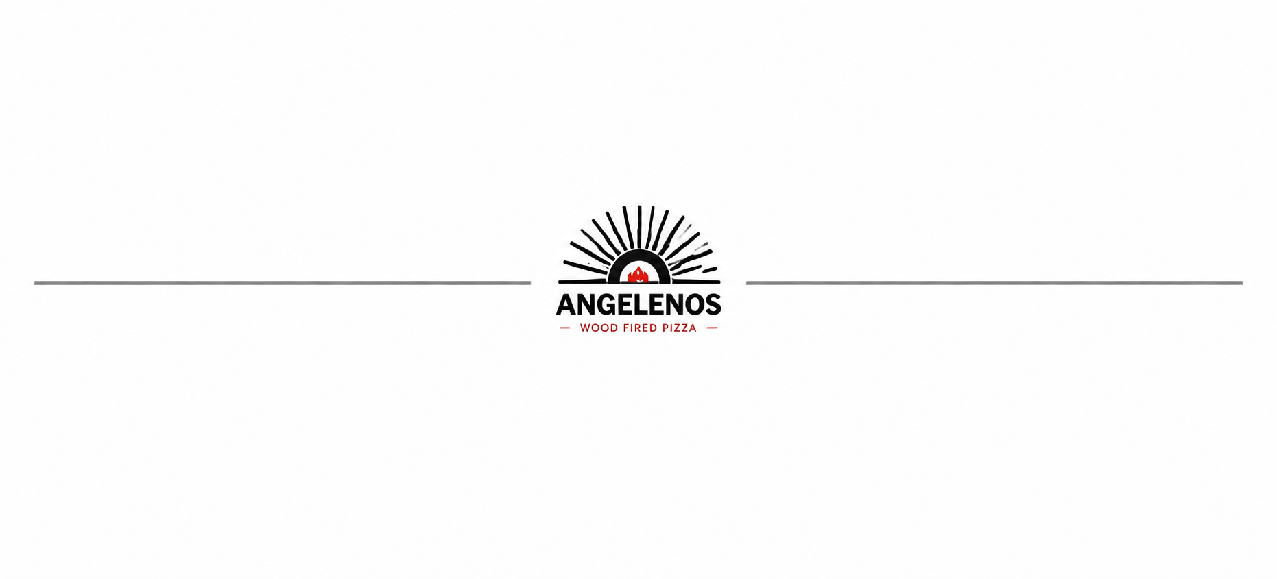 Logo for Angelenos, a wood-fired pizza restaurant, featuring a rising sun with black rays, a small fire icon, and the text 'ANGELENOS' with 'WOOD FIRED PIZZA' below.