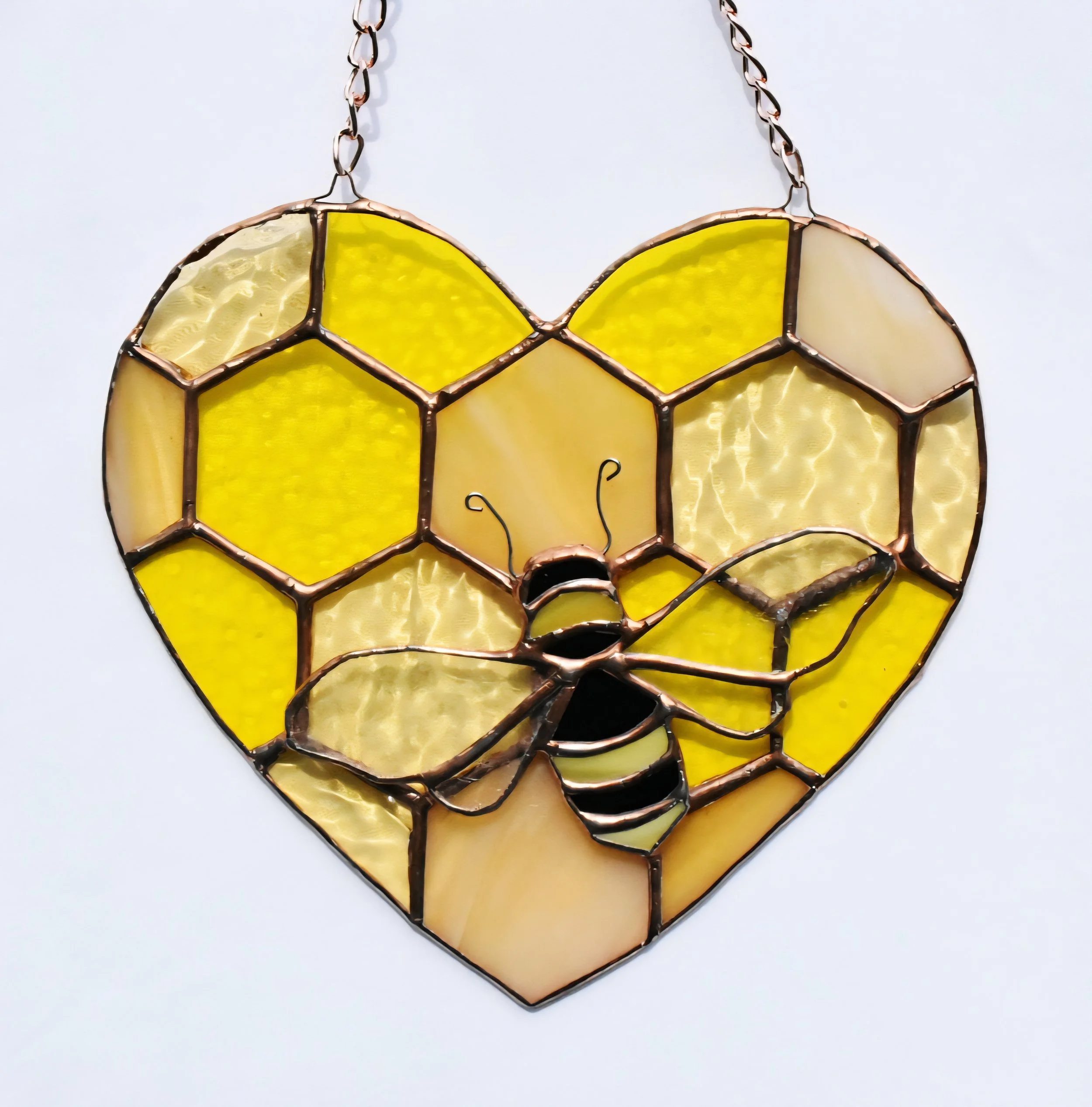 Stained Glass Heart Honeycomb Bee Suncatcher