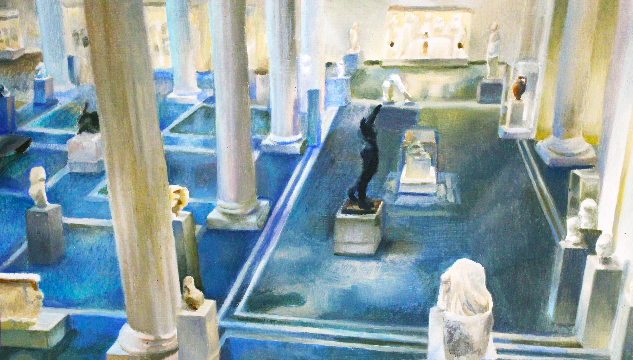 Peering Down from the Second Floor of the Greek and Roman Wing - 2020, Oil on Gessoed Paper, 6” x 8”