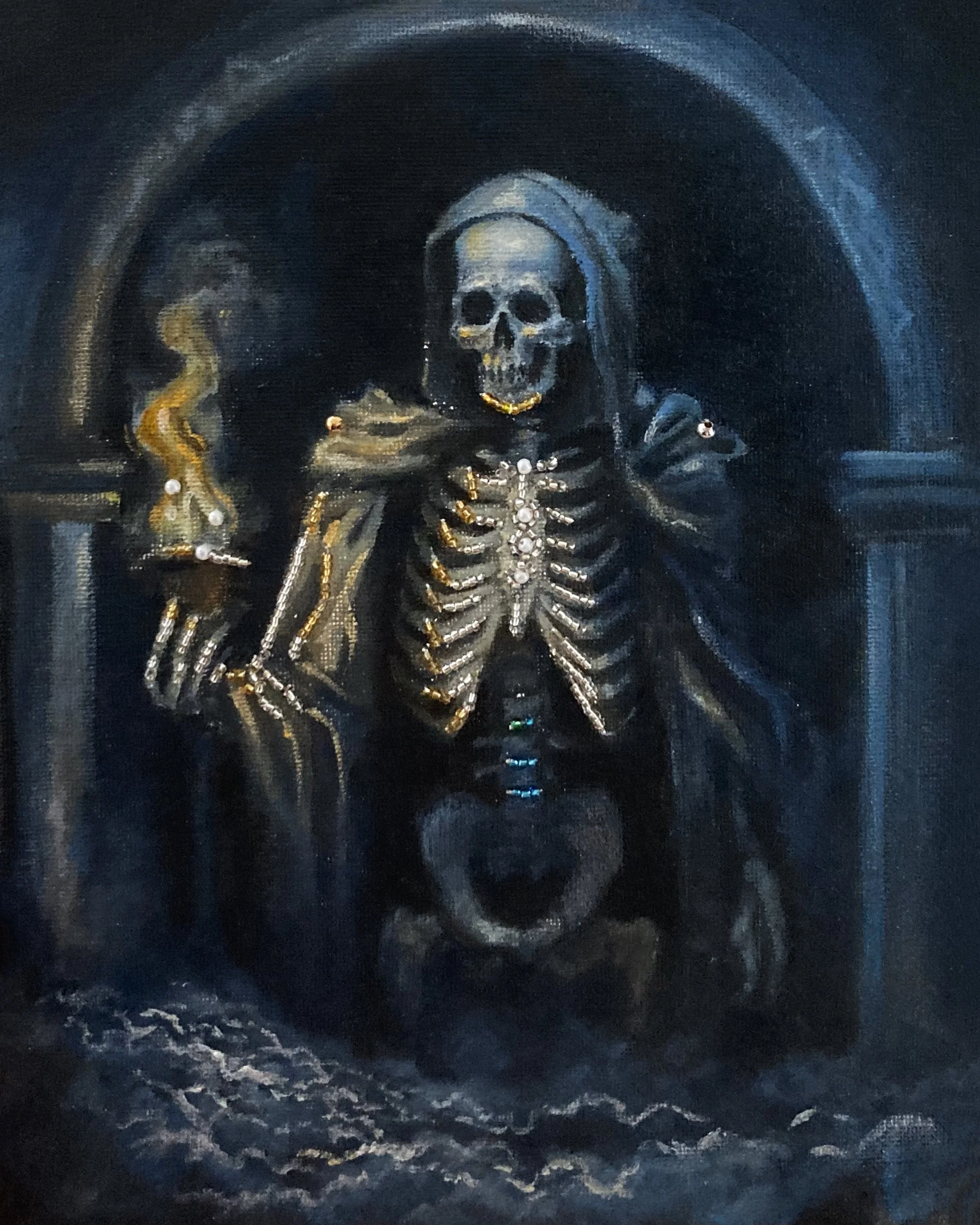 The Hermit - 2024, Oil, Acrylic, and Glass Beads on Canvas,  10" x 8"