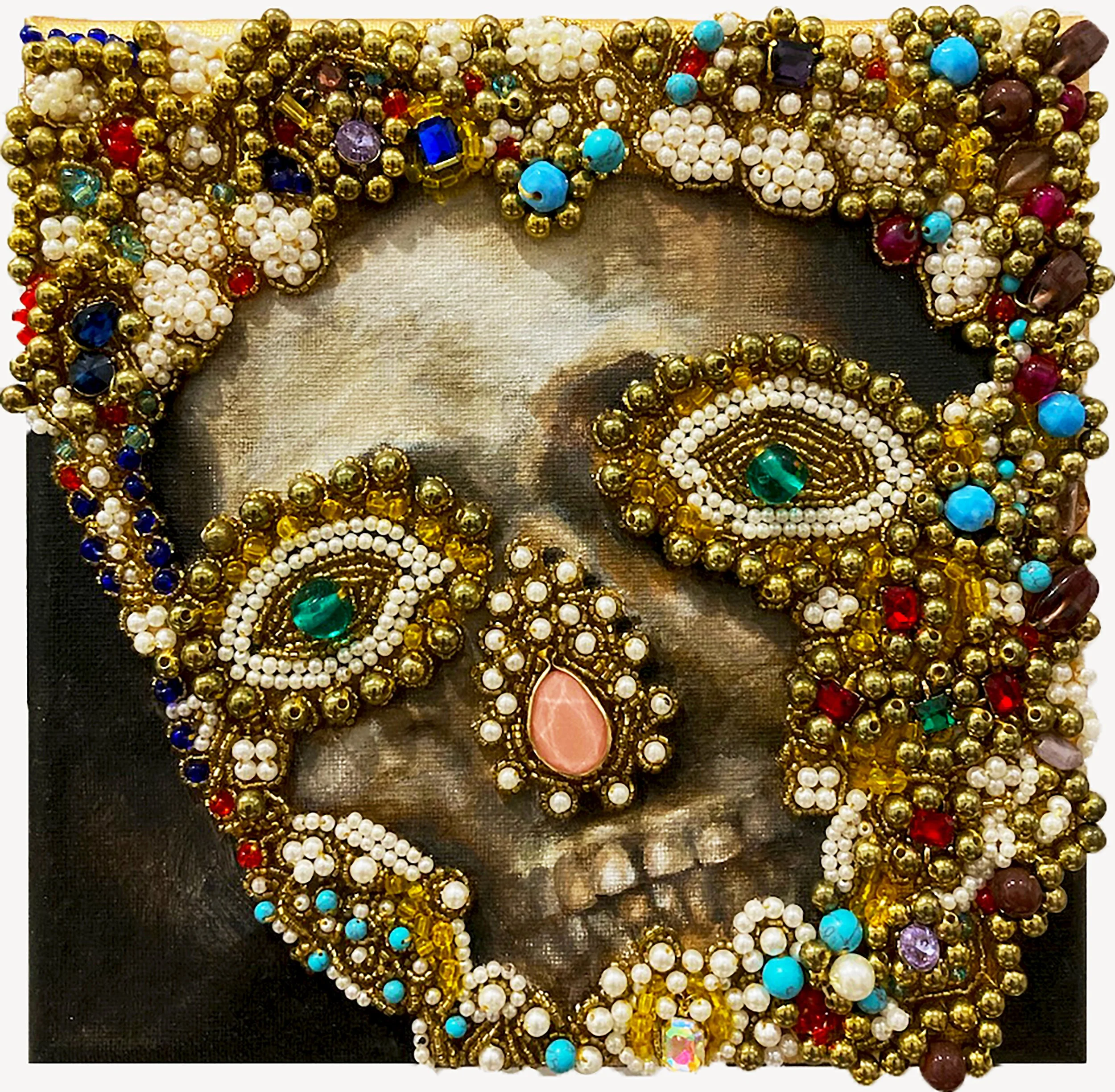 Saint Felix - 2023, Acrylic, Glass Beads, and Gems on Canvas, 10” x 10”
