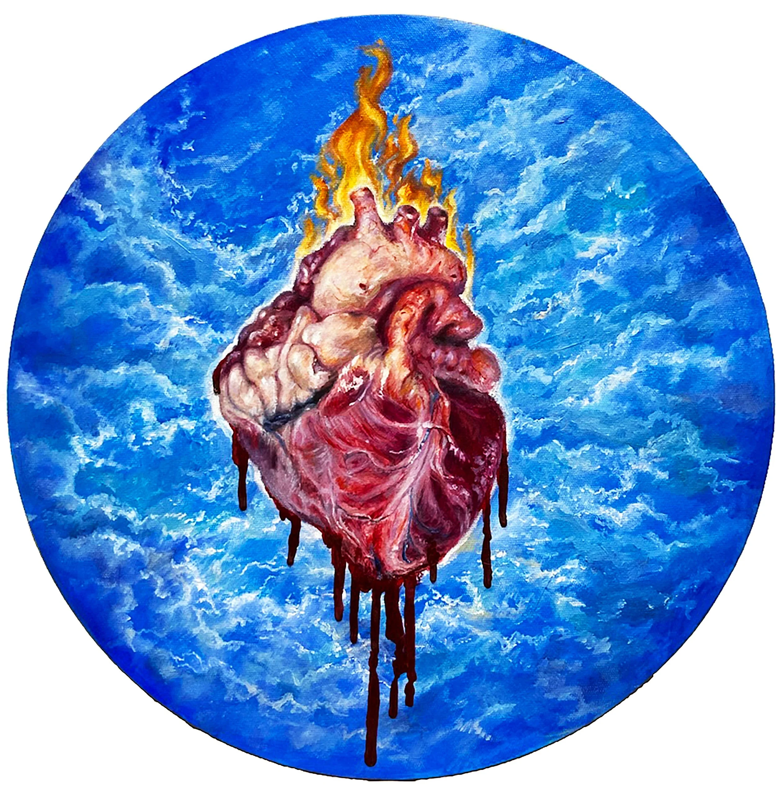 Bleeding Burning Heart - 2024, Oil and Acrylic on Canvas, 16x16