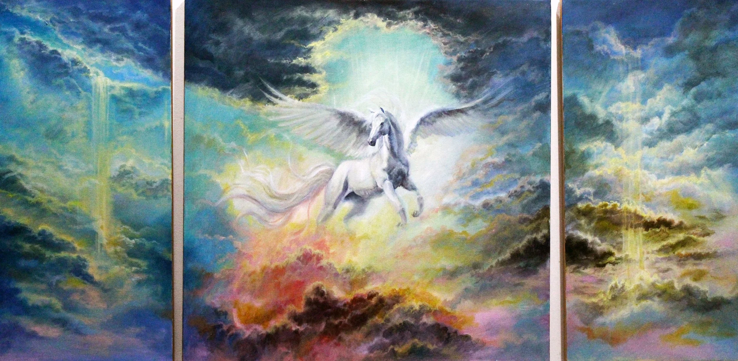 Pegasus(Triptych) - 2024, Oil and Acrylic on Canvases, 24" x 48"