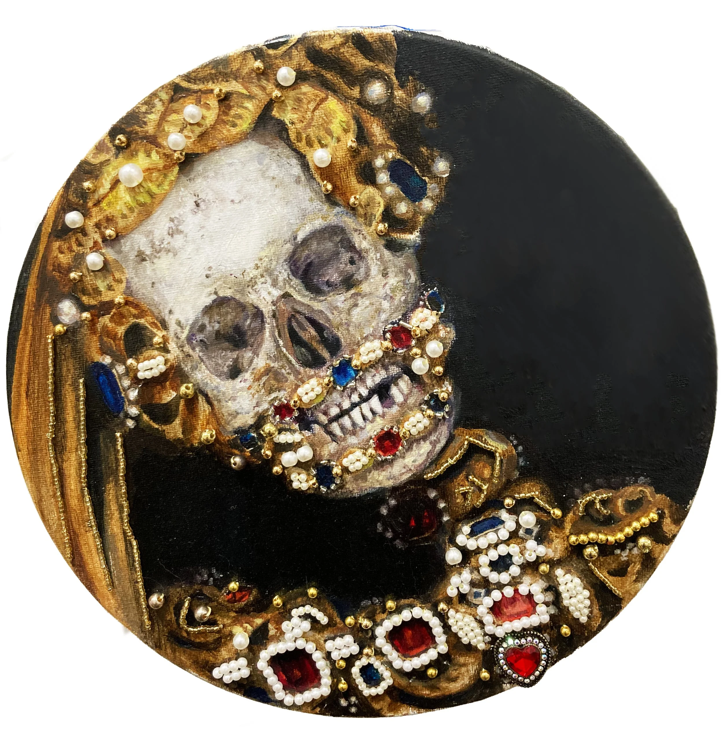 Saint Albertus - 2024, Oil, Acrylic, Glass Beads, and Gems on Canvas, 10” x 10”