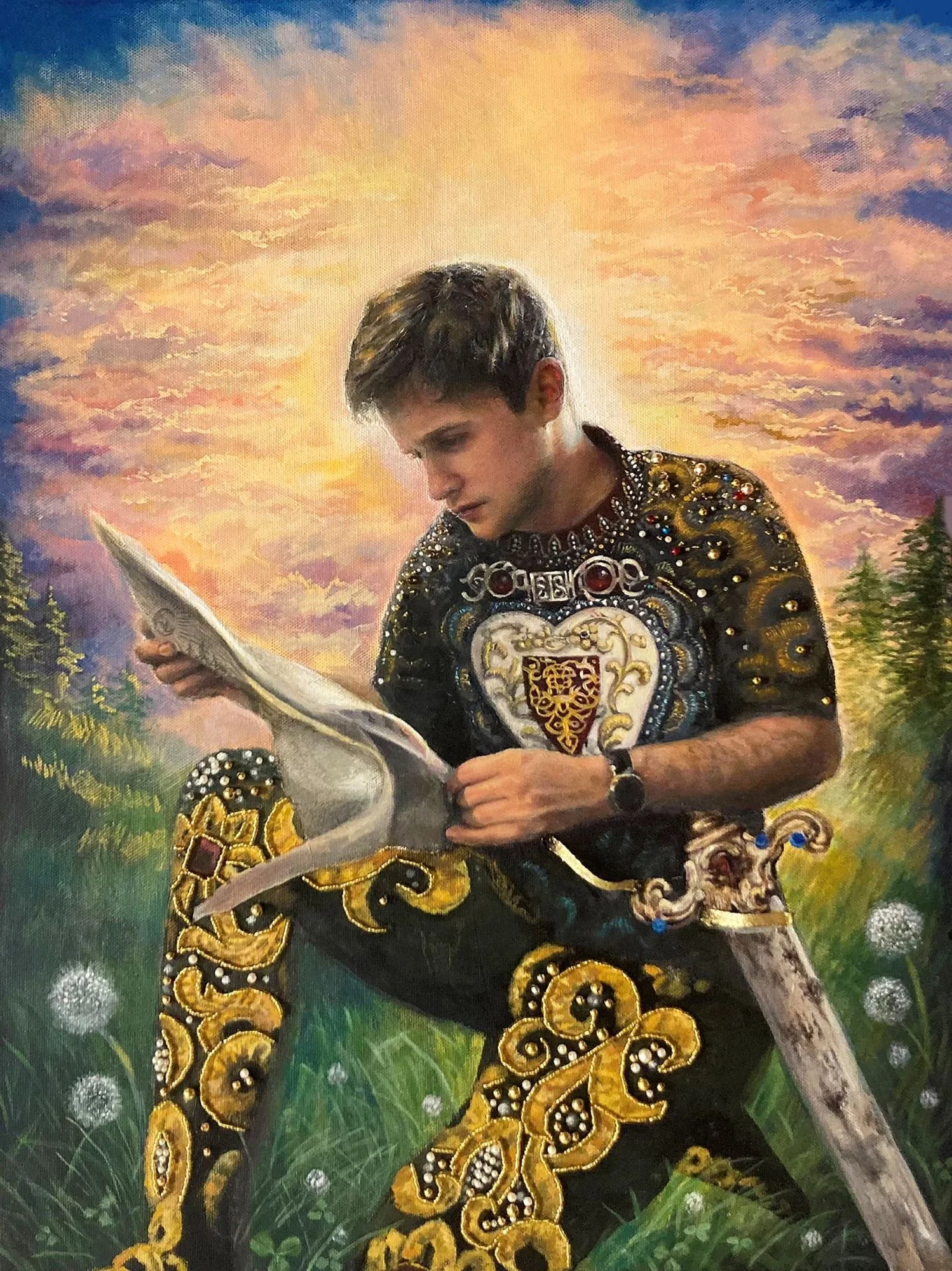 The Time Traveler - 2023, Oil, Acrylic, Glass Beads, and Ribbon on Canvas, 24" x 18"

