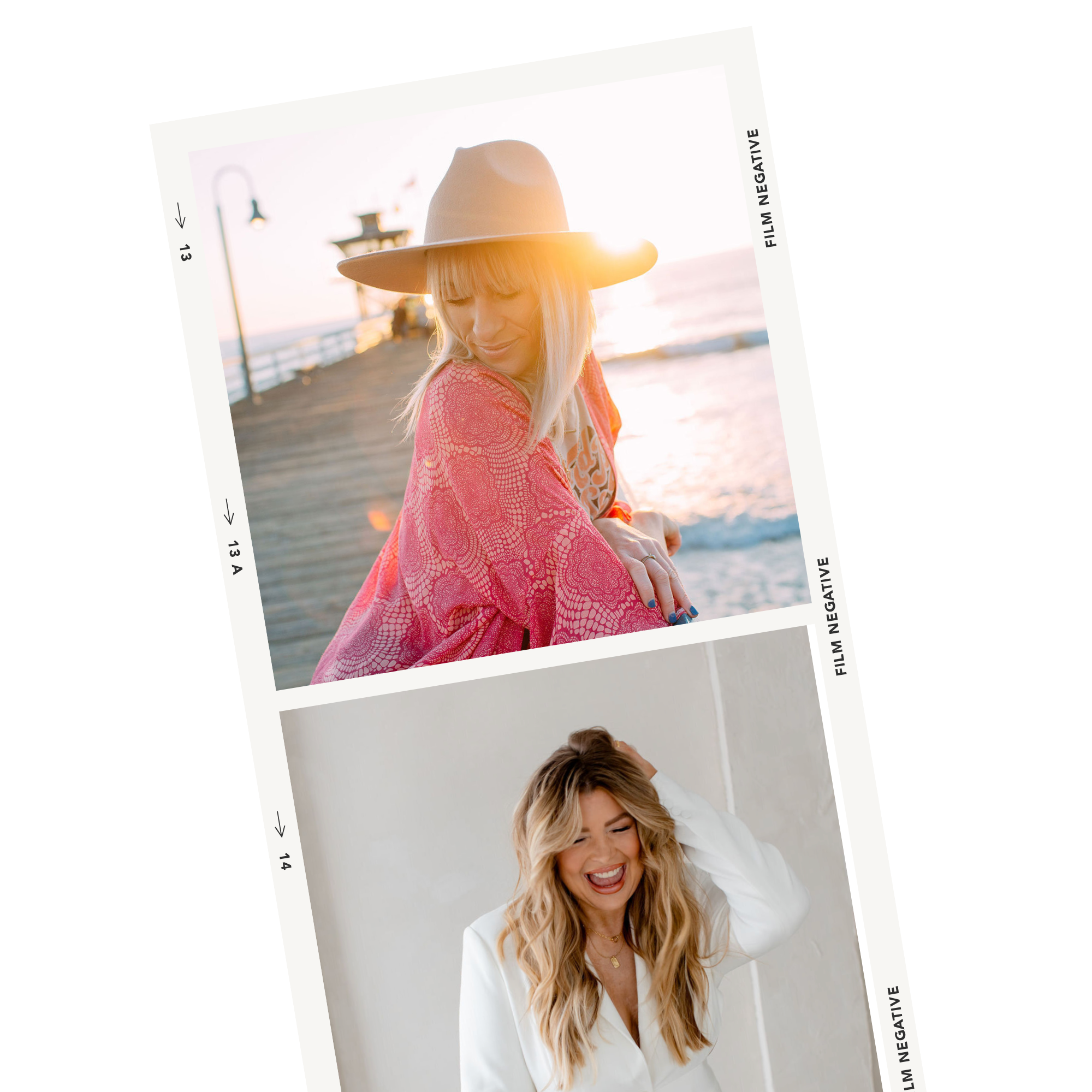 Two photographs on a film strip: the top shows a woman with blonde hair wearing a wide-brimmed hat and pink patterned cover-up at the beach during sunset; the bottom shows a woman with wavy blonde hair wearing a white blazer indoors, laughing and touching her hair.