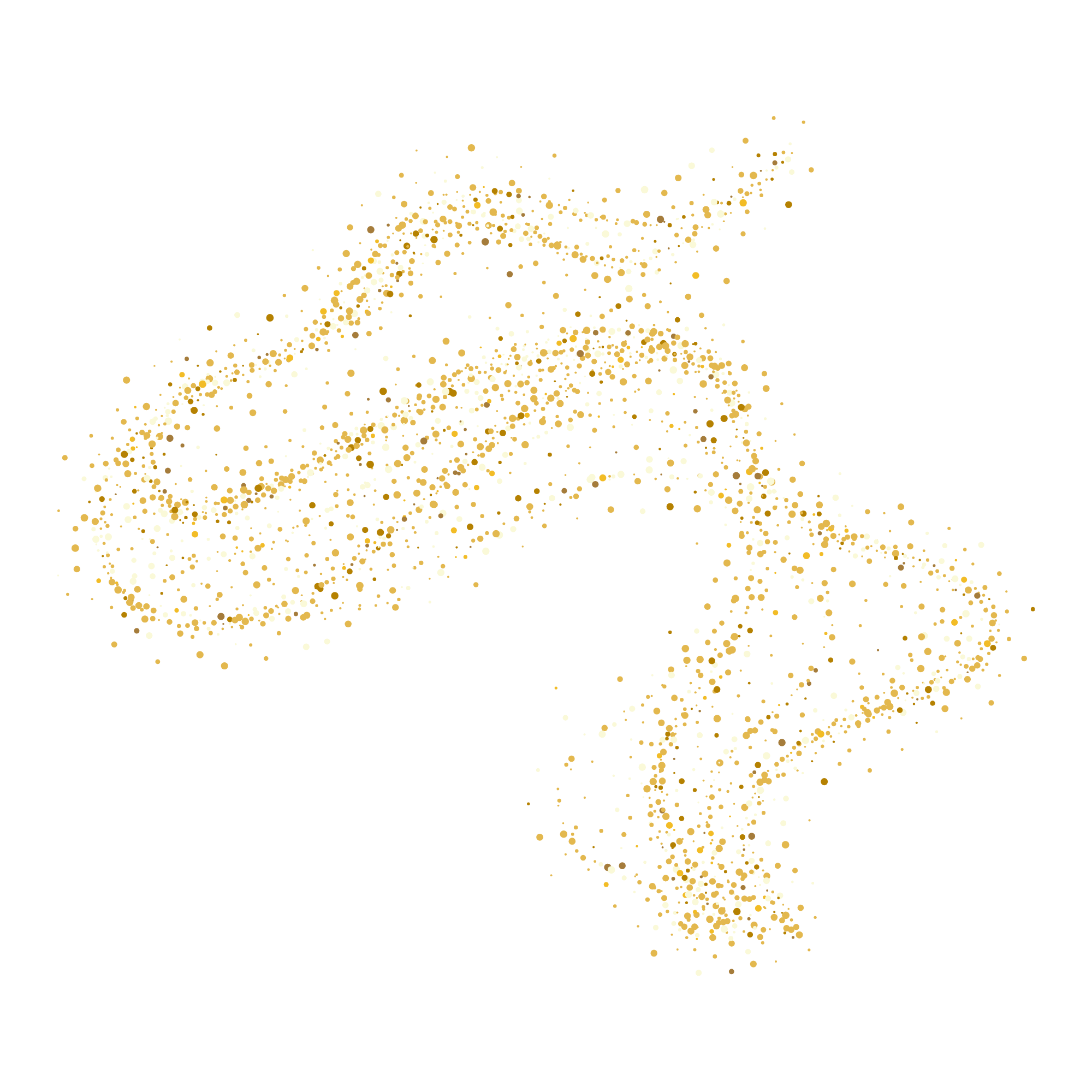 Digital illustration of a planet and its ring in gold and white dots on a black background.