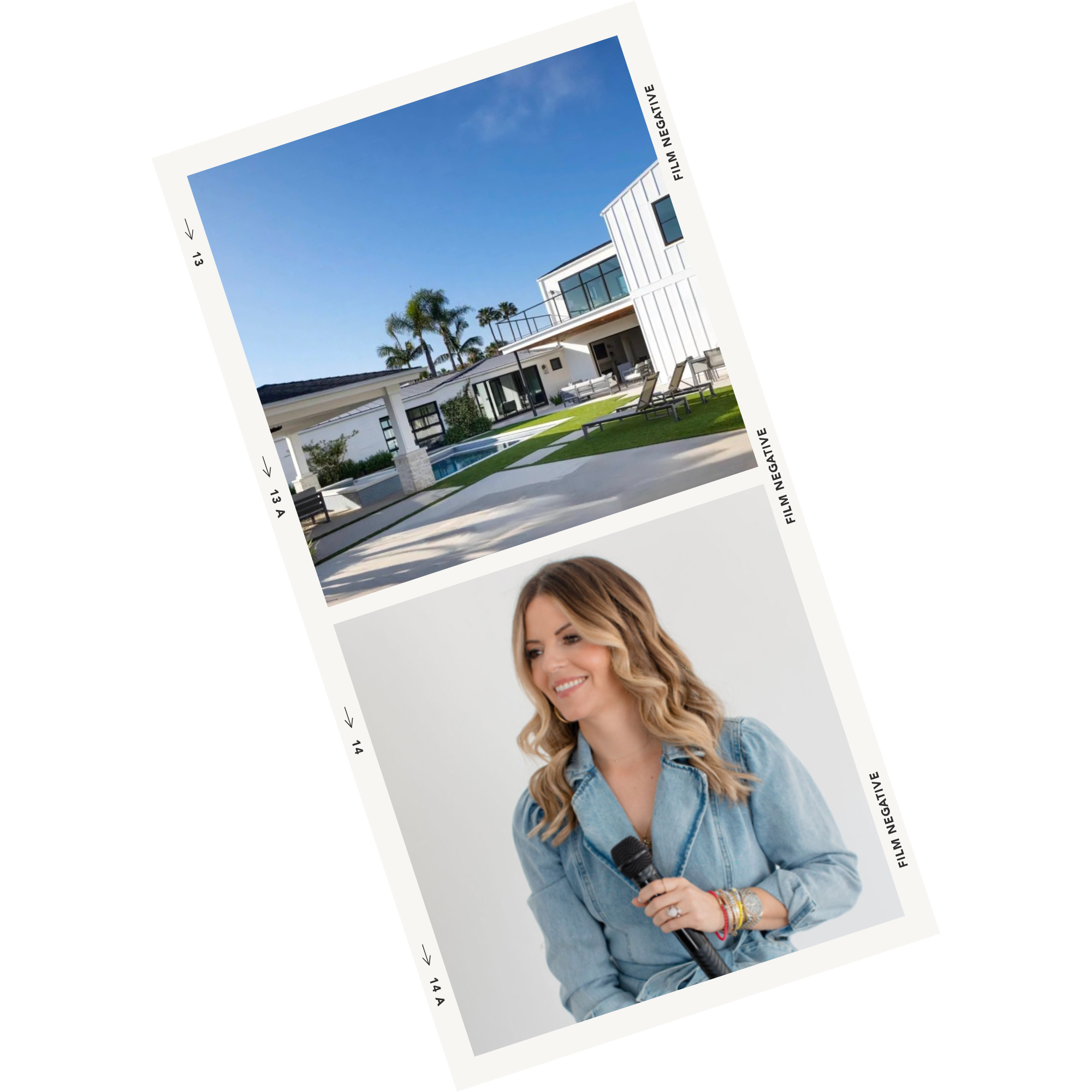 Color photograph of a modern white house with a backyard pool, outdoor seating, and palm trees under a clear blue sky, alongside a smiling woman with wavy blonde hair wearing a denim jacket holding a microphone.