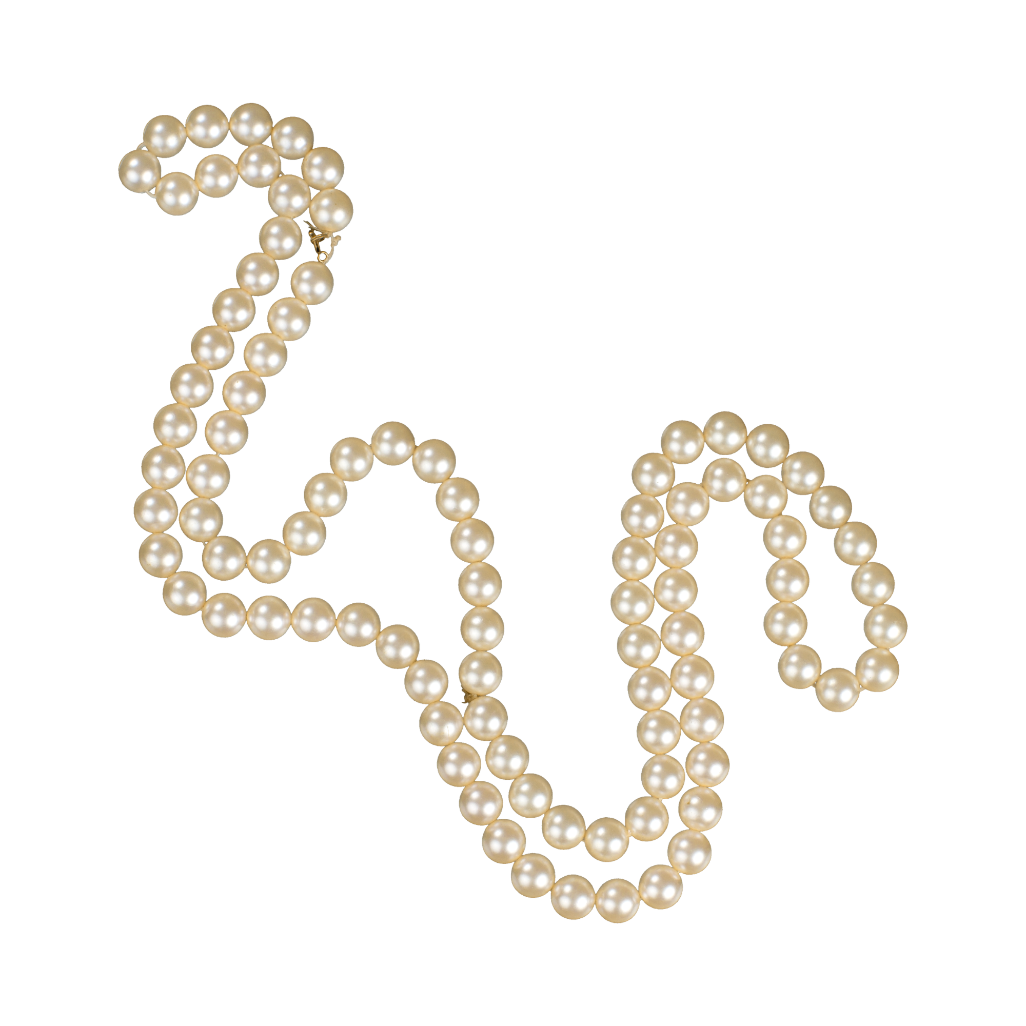 A pearl necklace with large white pearls arranged in a loop.