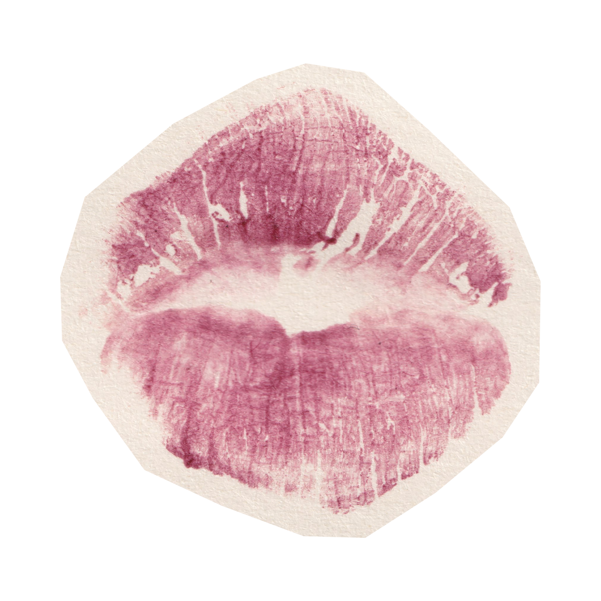 Close-up of a lip print lipstick kiss mark on textured paper with pinkish-red ink.