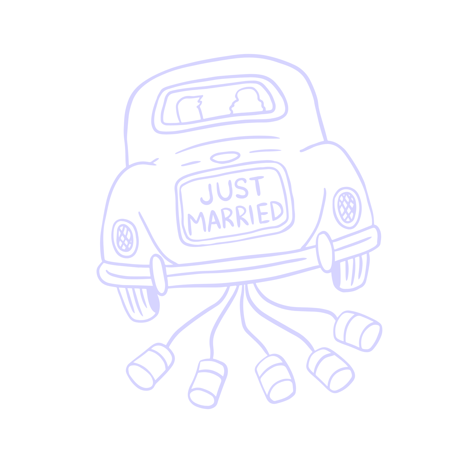 Neon outline drawing of a vintage car with a "Just Married" sign on the back, and tires connected like spaghetti noodles.