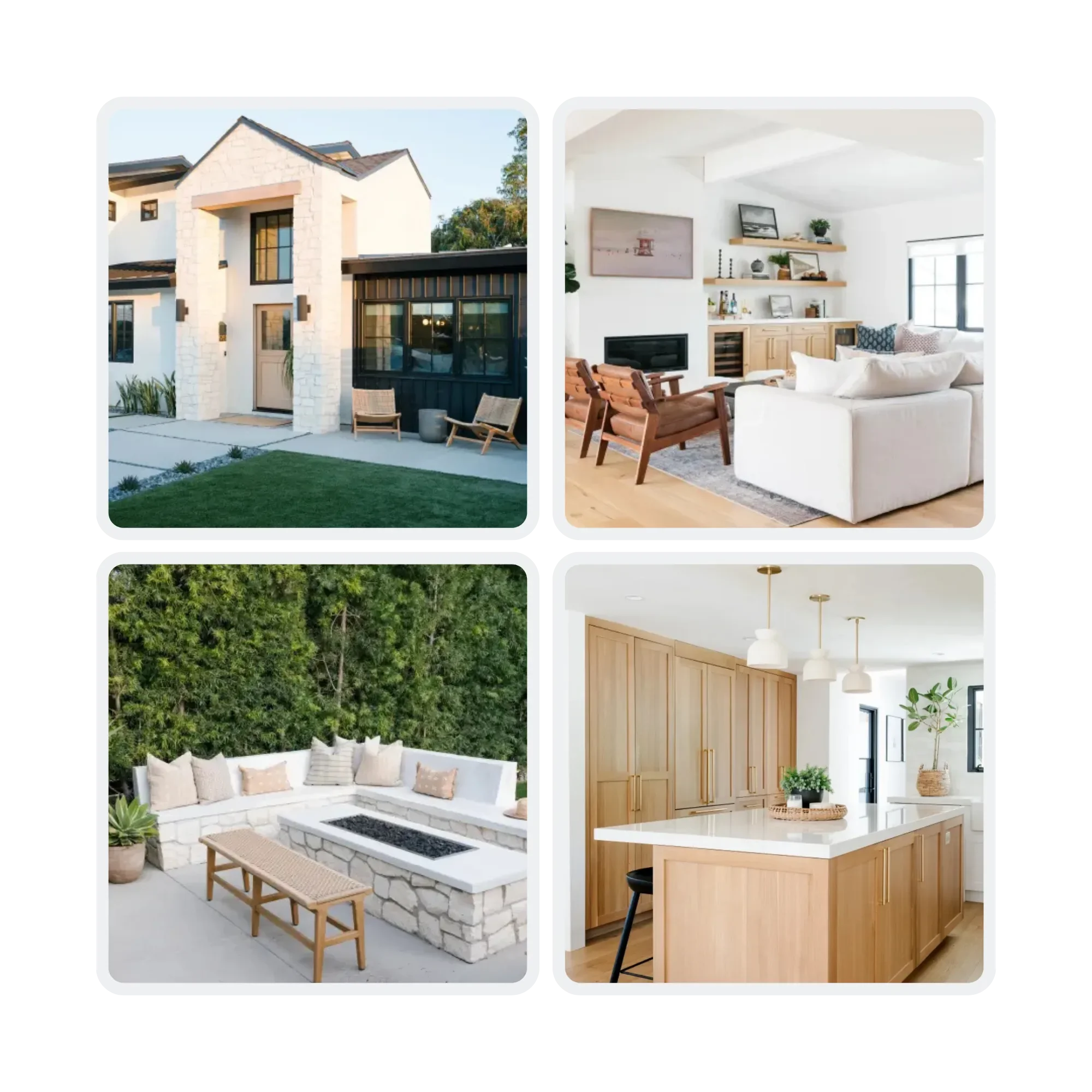 Collage of four images showing modern house exteriors and interiors, including a white house facade, a living room with seating and wall shelves, an outdoor patio area with a built-in fire pit and seating, and a kitchen area with light wood cabinetry