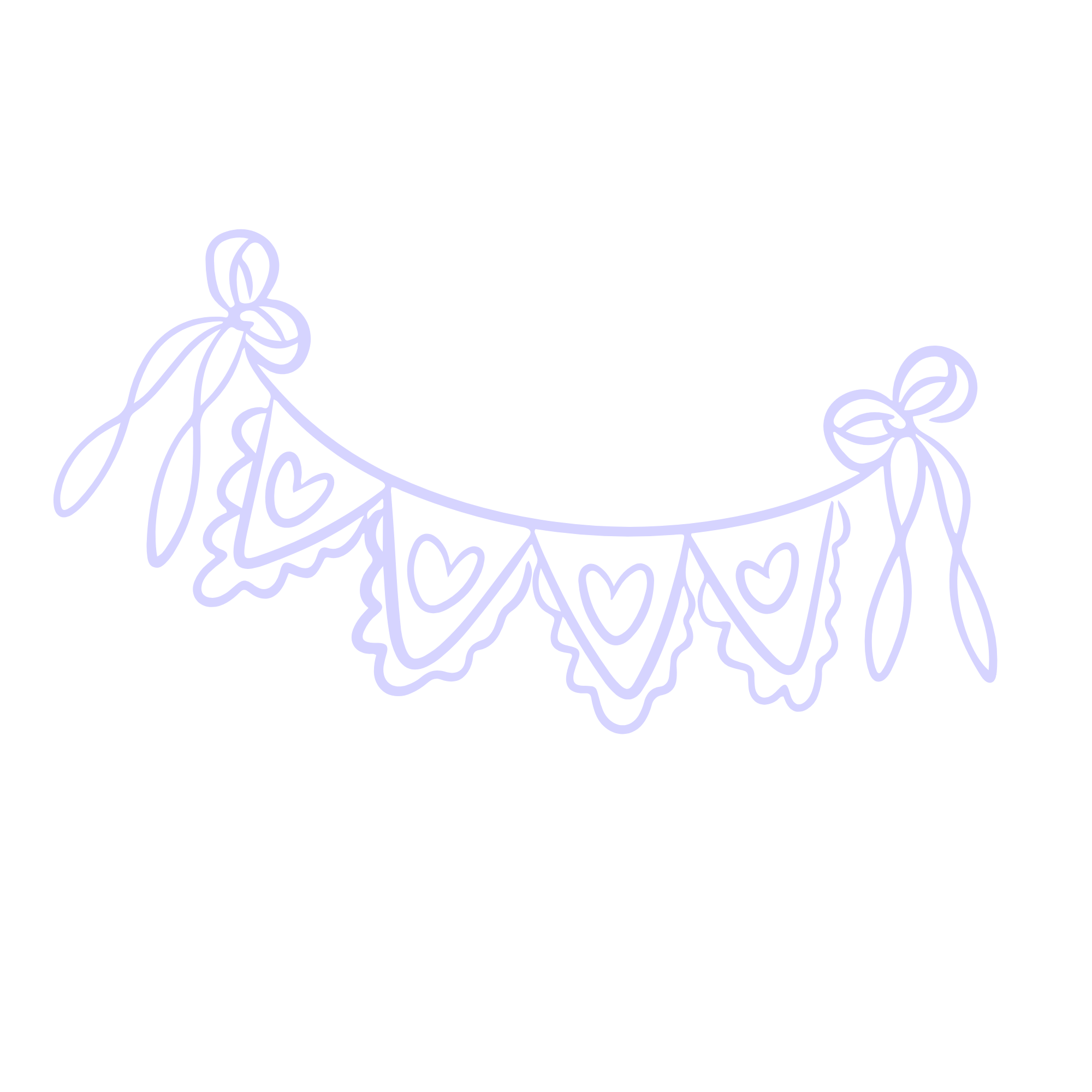 Neon outline of a decorative banner with heart motifs, bunting, and bows, in purple on a black background.