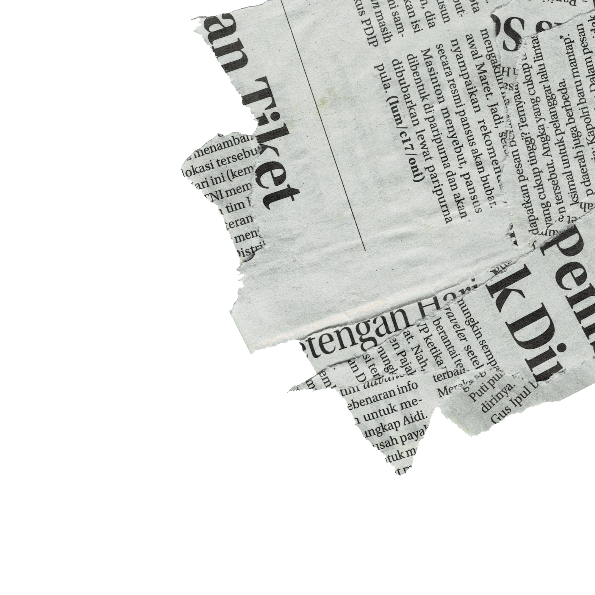 A torn piece of black-and-white newspaper with visible text in Indonesian.