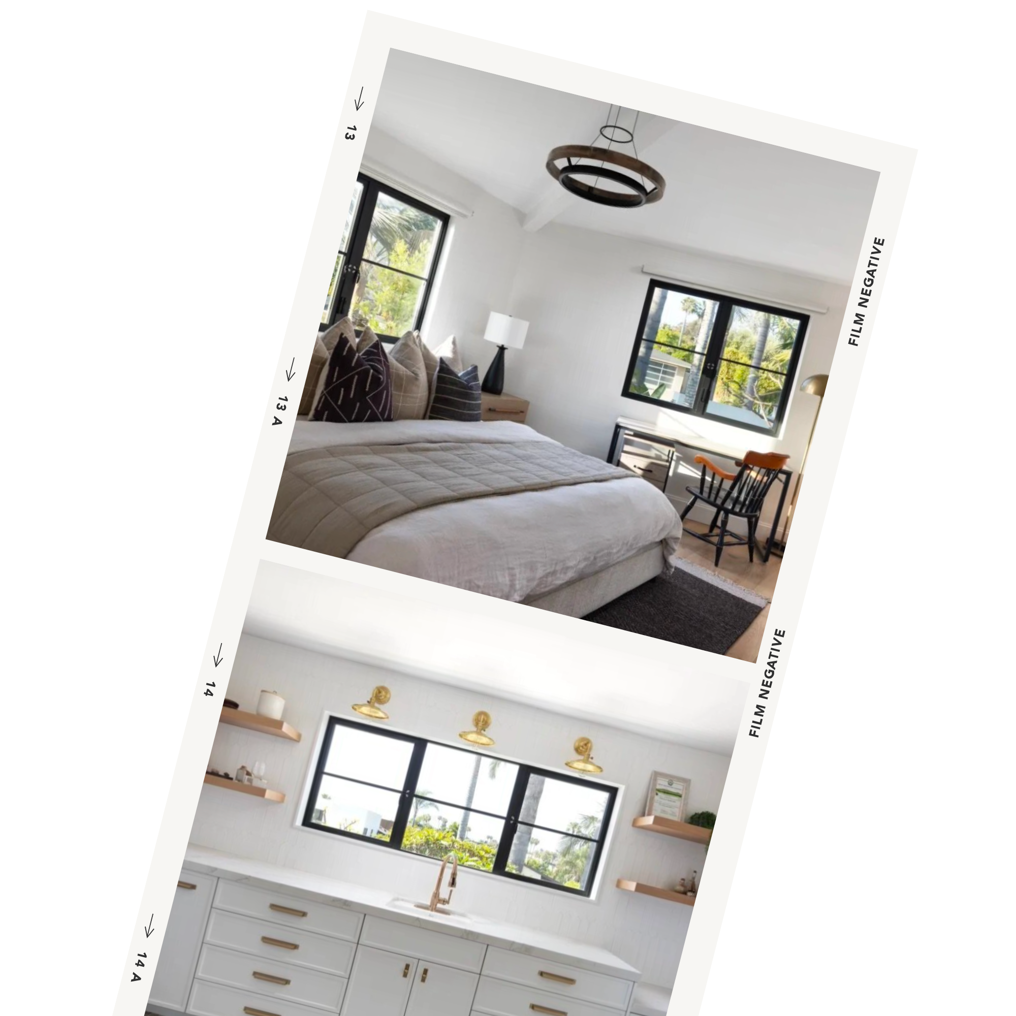 Interior of a bedroom with a bed, pillows, and a bedside lamp, and a kitchen with white cabinets, a window, and shelves.