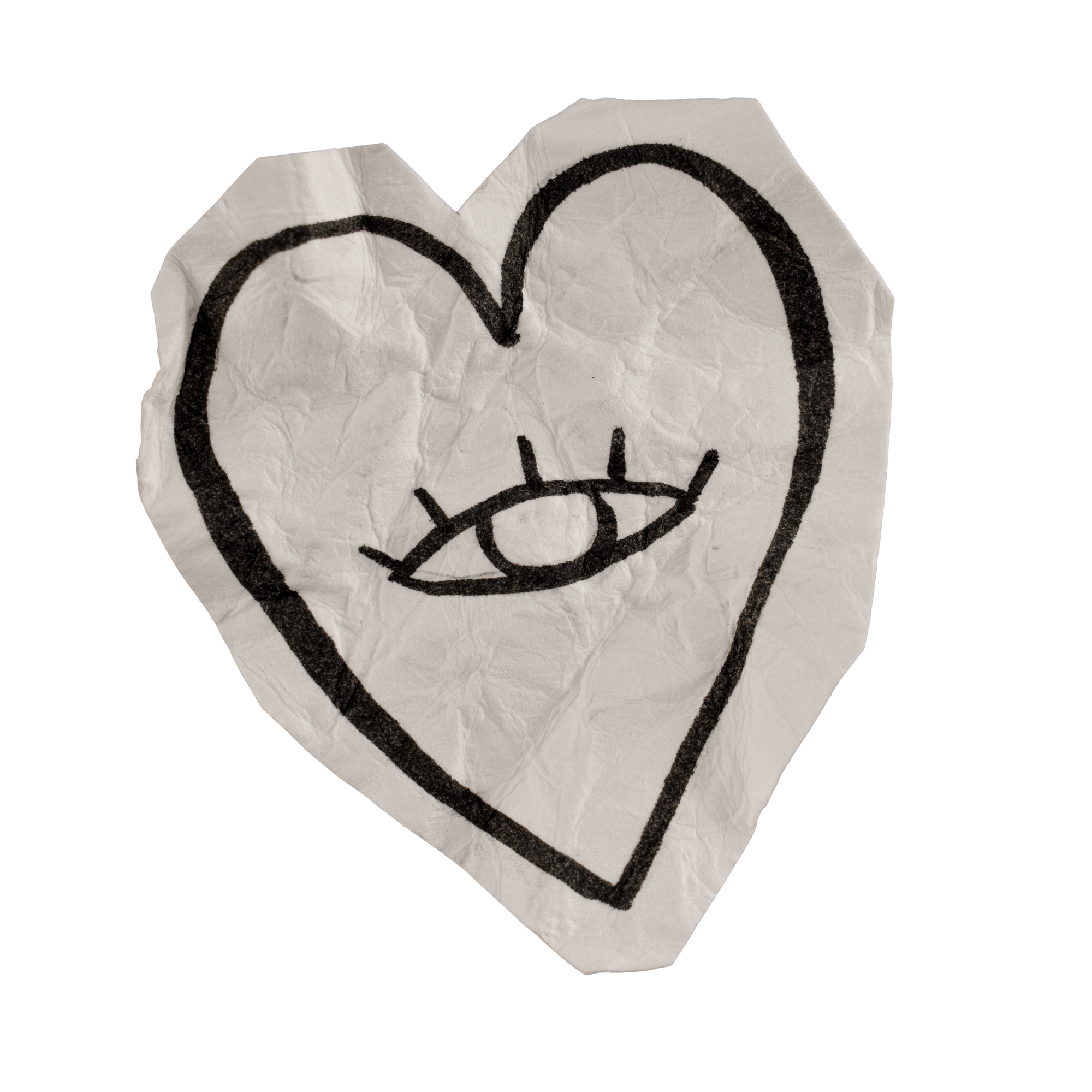 A crumpled piece of paper with a black outline of a heart and a single eye drawn inside.