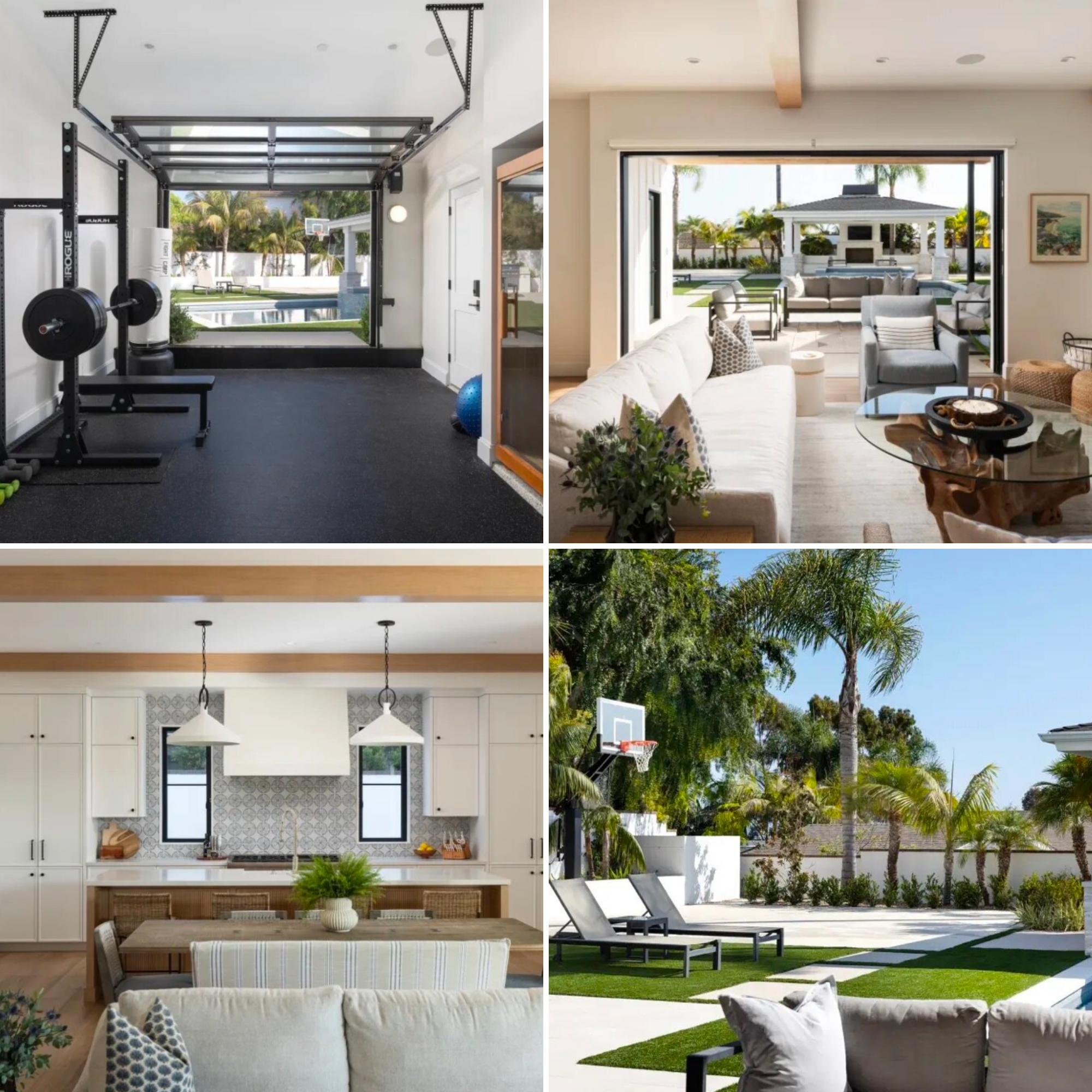 Collage of four images showing a gym, a living room, a kitchen, and an outdoor backyard with seating and palm trees.