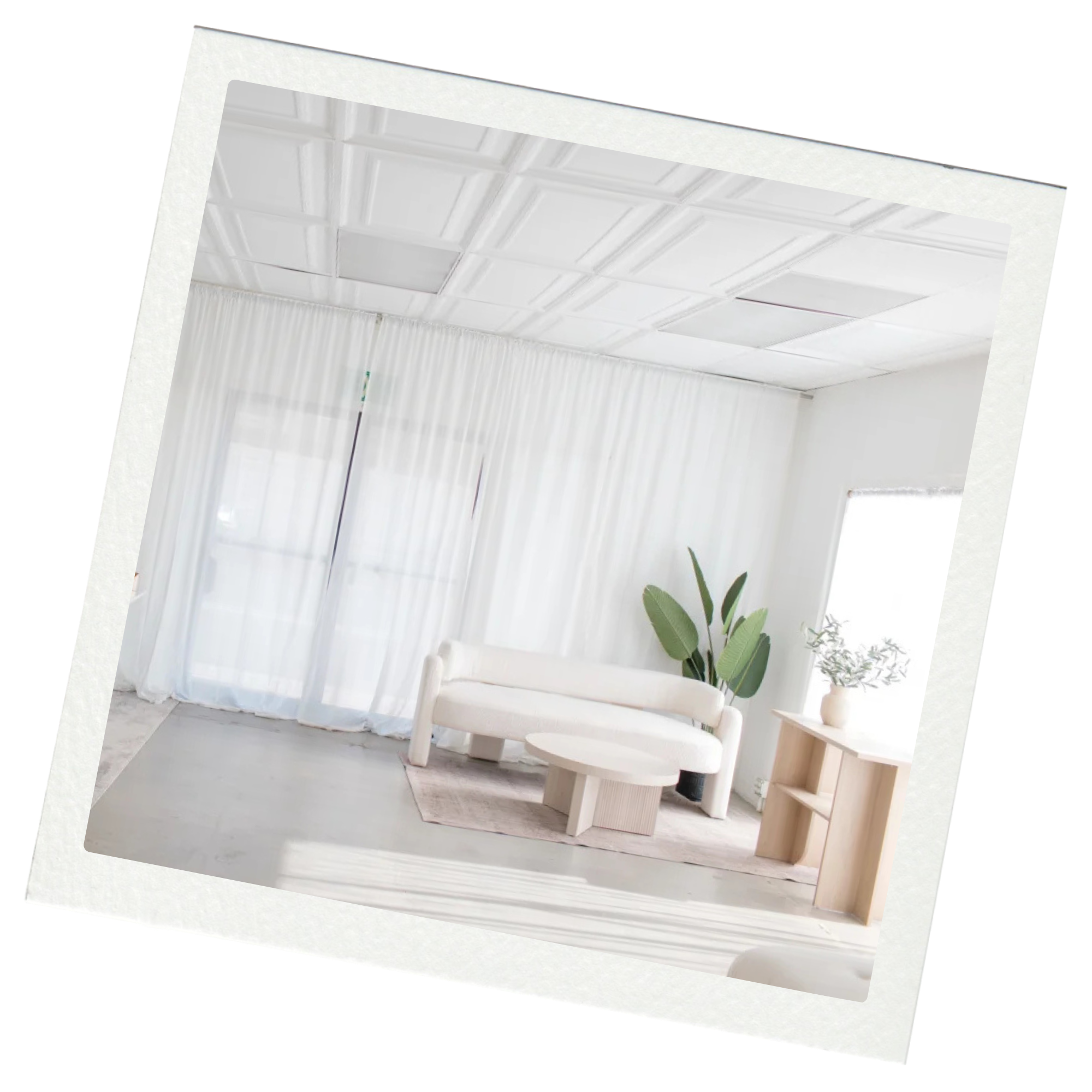 Bright living room with white sofa, large green plant, and light wood side table with a decorative plant, white curtains, and ceiling with square patterned panels.