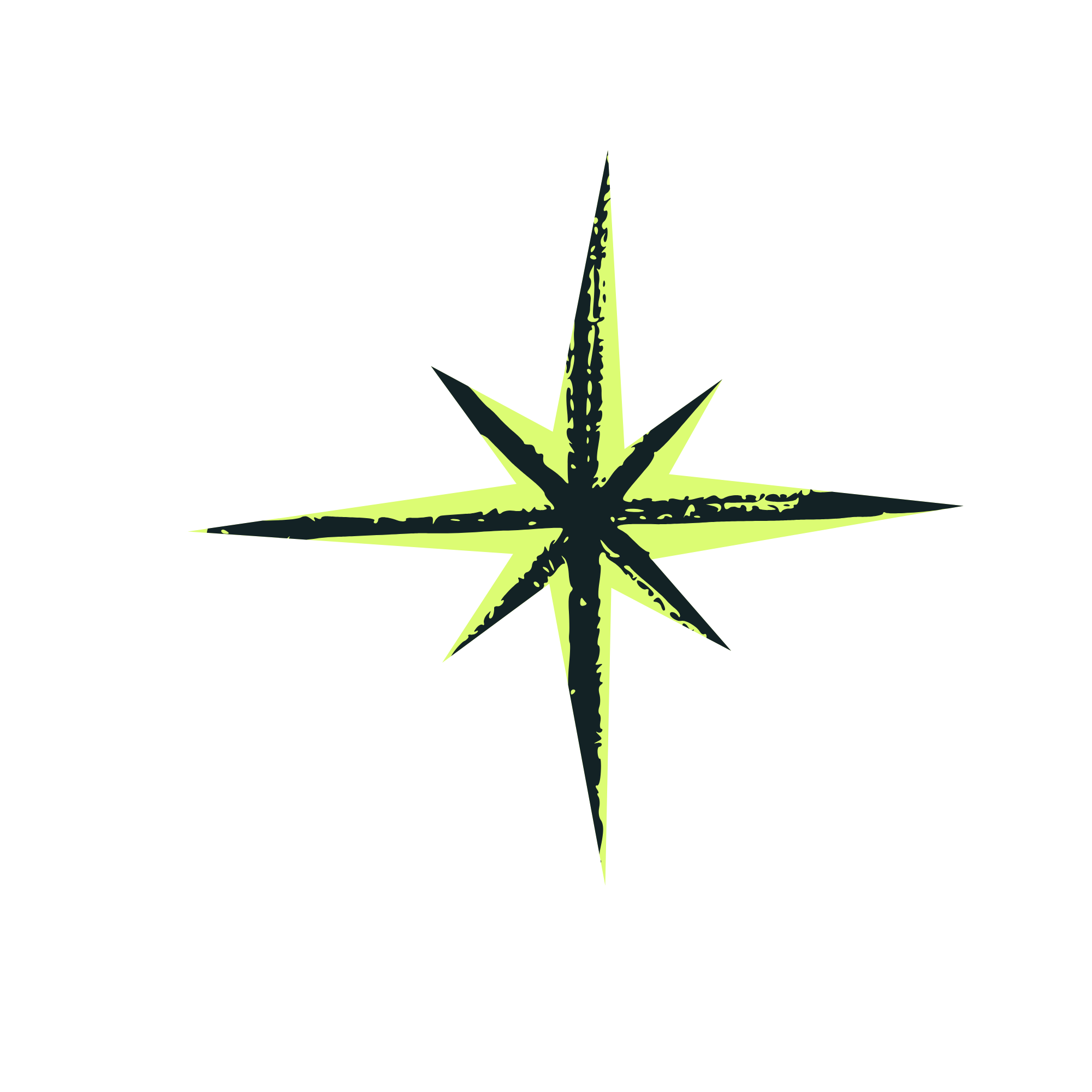 Green and black stylized star or compass rose on a black background.