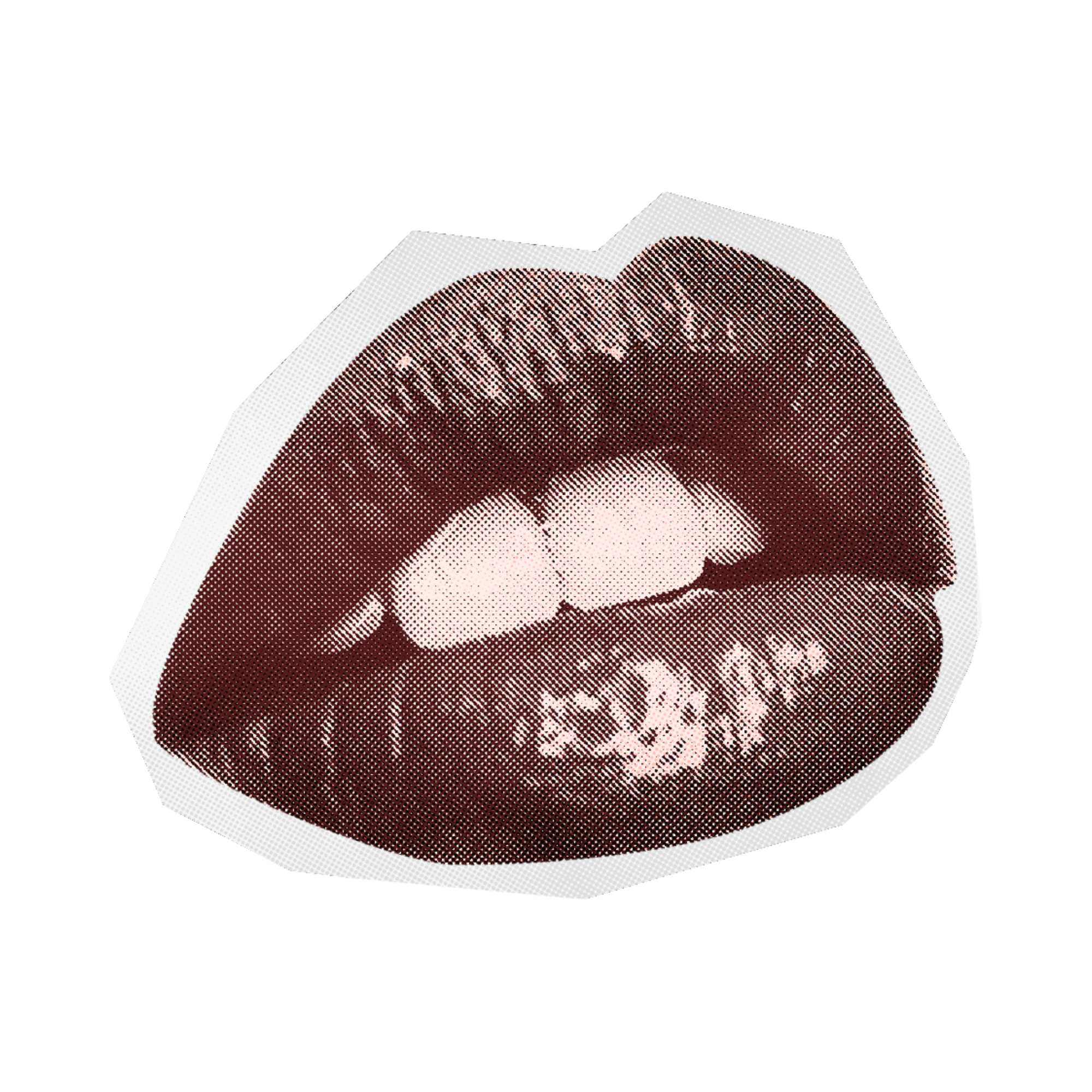 A stylized graphic of lips with an open mouth, showing the tongue and teeth, designed in a halftone dot pattern with a white border.