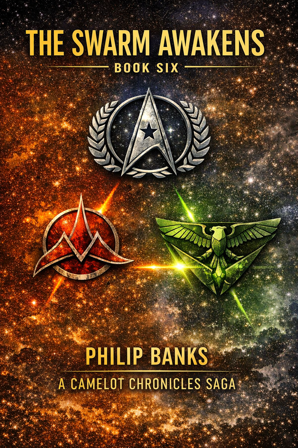 Book cover titled "The Swarm Awakens" by Philip Banks, featuring three badges with different symbols on a starry cosmic background. The top badge has a star inside a scientific insignia, the bottom left badge is red with a futuristic design, and the bottom right badge is green with a bird and an eye symbol.