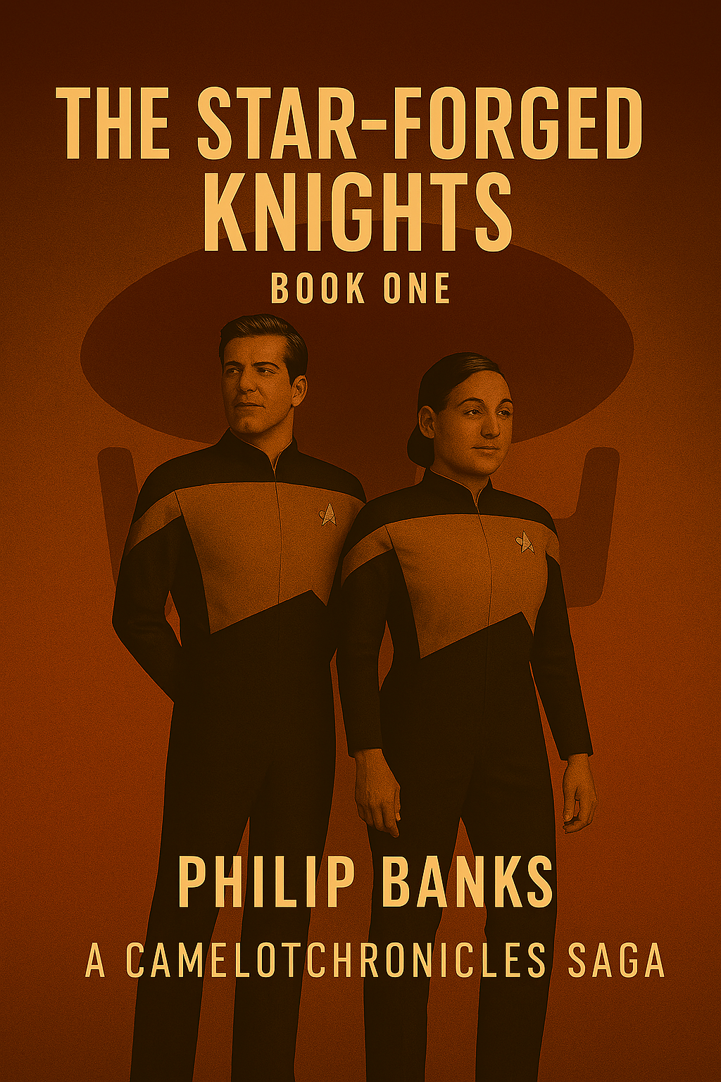 Book cover titled "The Star-Forgered Knights, Book One" with two individuals in Star Trek uniforms standing in front of a large starship.