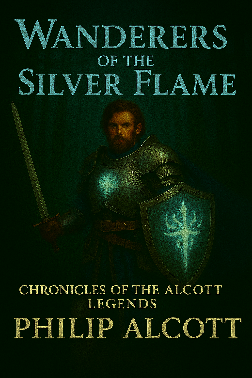 Book cover for 'Wanderers of the Silver Flame' by Philip Alcott, featuring a male knight in dark armor holding a sword and shield with a glowing silver flame symbol, with a dark background.