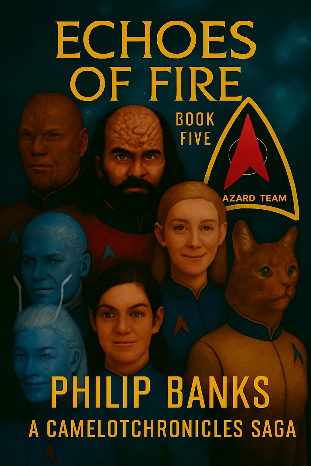 Book cover for "Echoes of Fire, Book Five" from the CamelotChronicles Saga by Philip Banks. Features faces of diverse characters in Star Trek uniforms, including a human woman, a feline, a blue-skinned alien, and humanoid aliens with various skin tones.