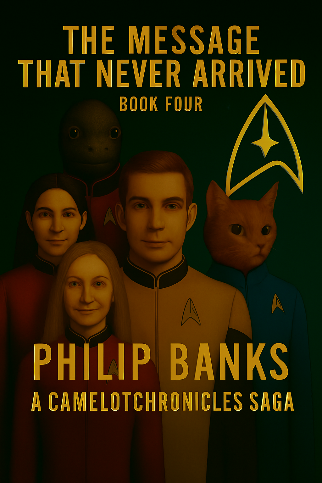Book cover of "The Message That Never Arrived," Book Four, part of the Camelot Chronicles series by Philip Banks, featuring four people in Star Trek uniforms, a humanoid alien, and a cat, set against a dark background with a Star Trek insignia.