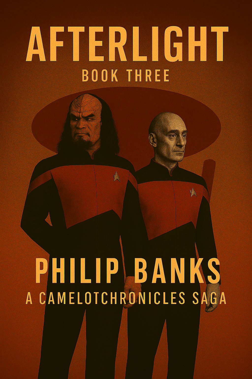 Cover art for the book "Afterlight: Book Three" from the Camelot Chronicles Saga, featuring two men in Star Trek uniforms standing side by side with a serious expression, set against a red and orange background.