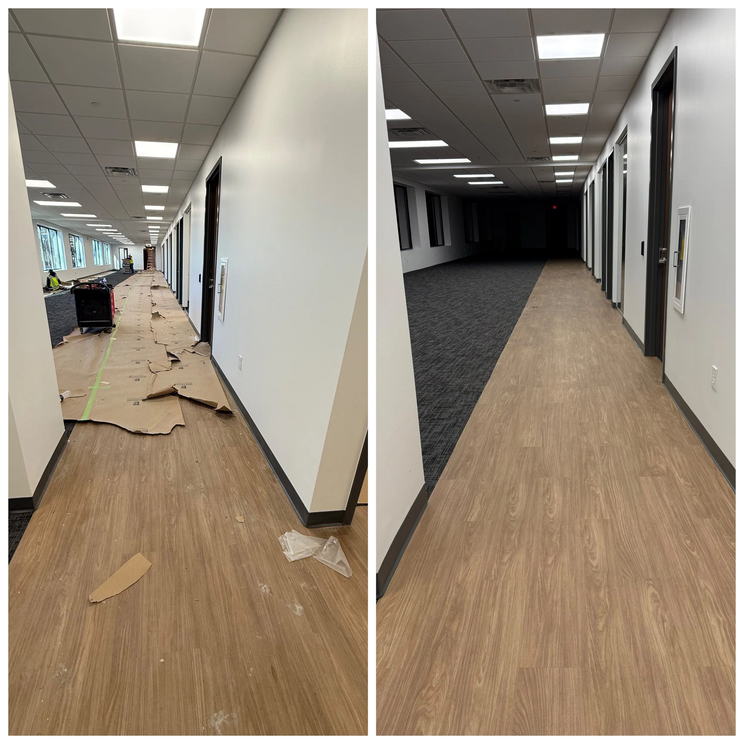 Comparison of hallway flooring before and after renovation; left side shows messy, torn brown paper debris on a wooden floor with construction materials, right side shows clean wooden and carpeted floor in a finished hallway.